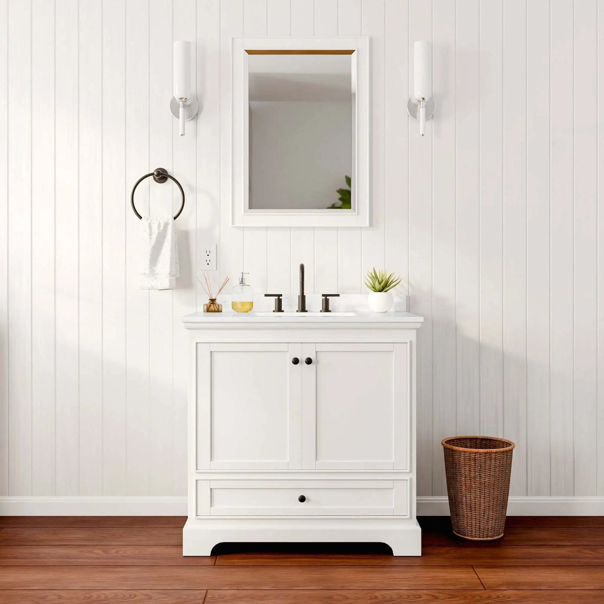36" Deborah Single Bathroom Vanity in White with Matte Black Trim & 24" Mirror by Wyndham