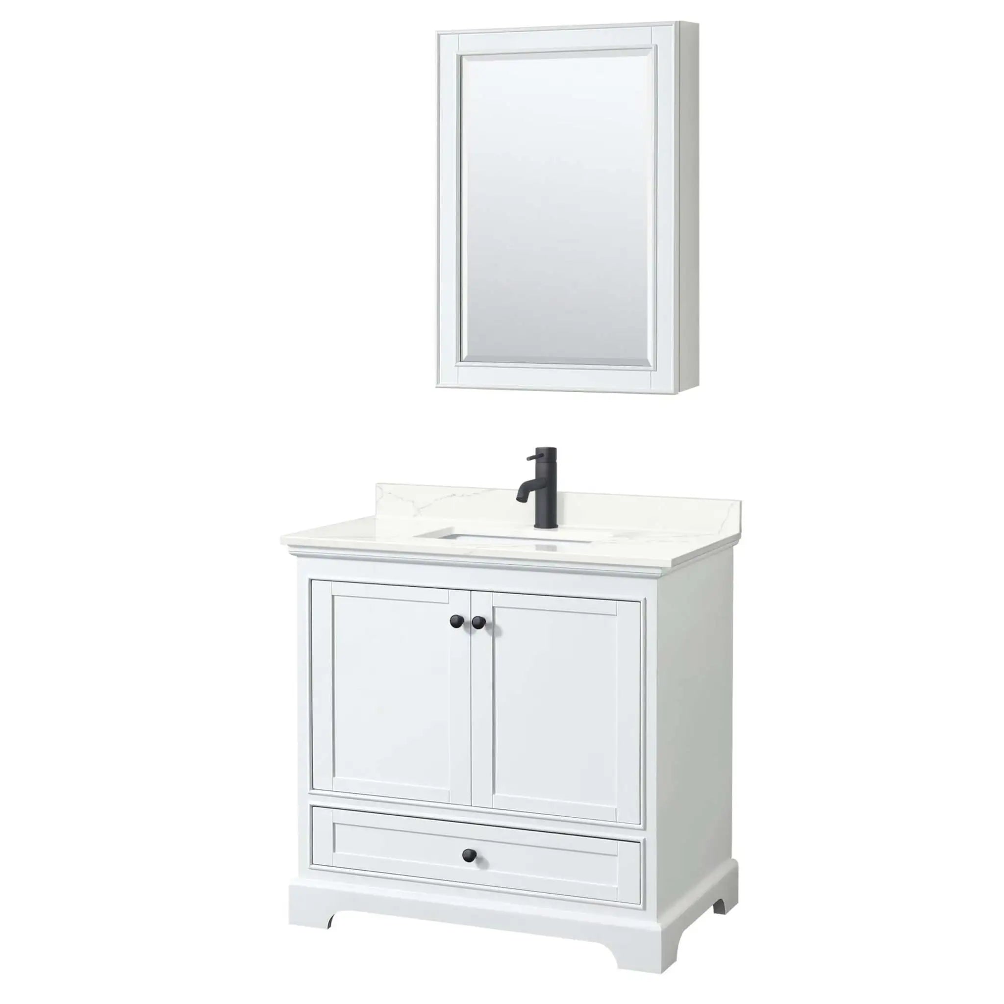 36" Deborah Single Bathroom Vanity in White with Matte Black Trim & Medicine Cabinet by Wyndham