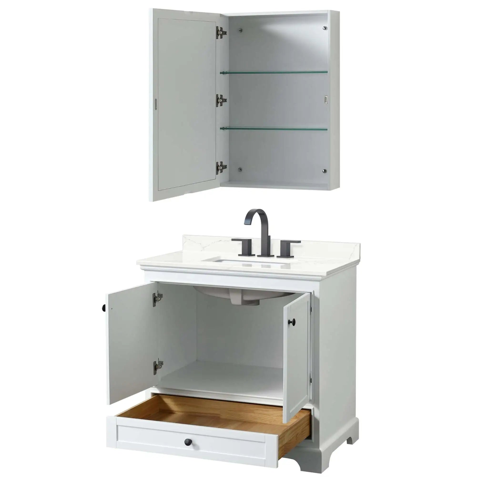 36" Deborah Single Bathroom Vanity in White with Matte Black Trim & Medicine Cabinet by Wyndham