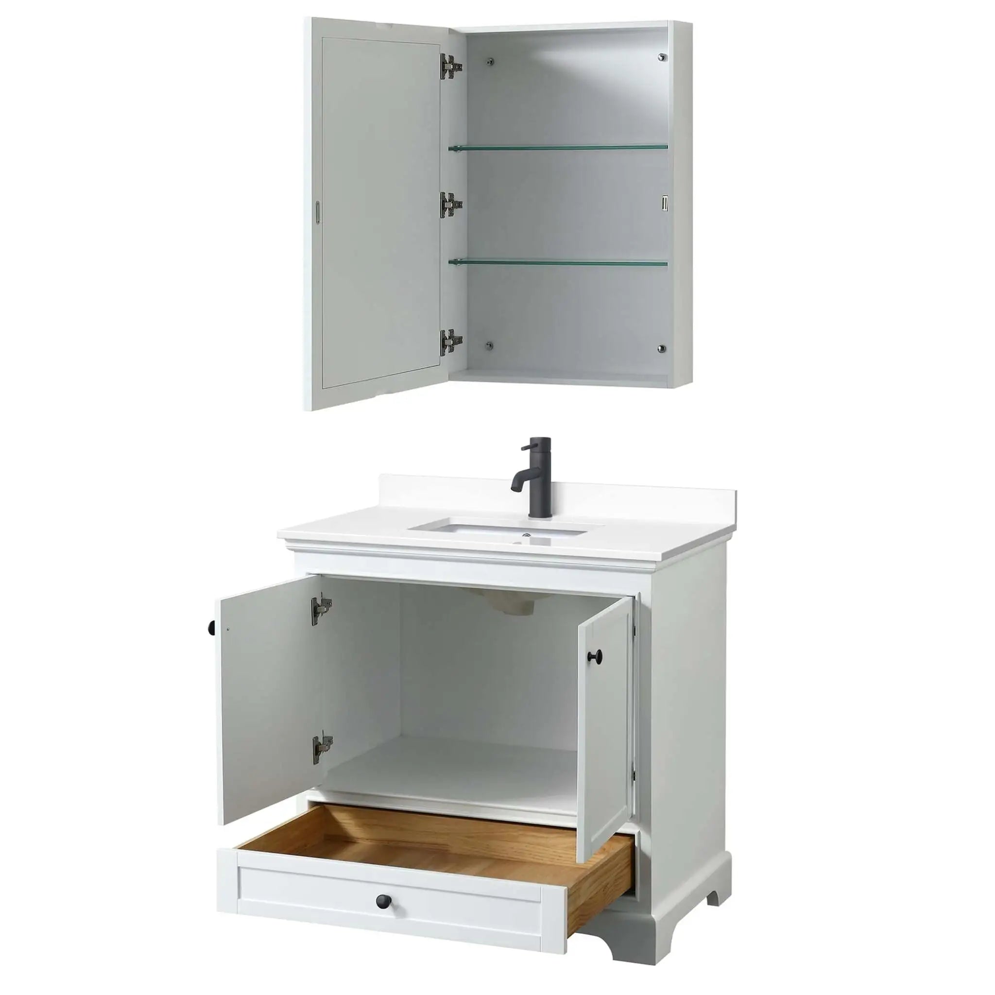 36" Deborah Single Bathroom Vanity in White with Matte Black Trim & Medicine Cabinet by Wyndham