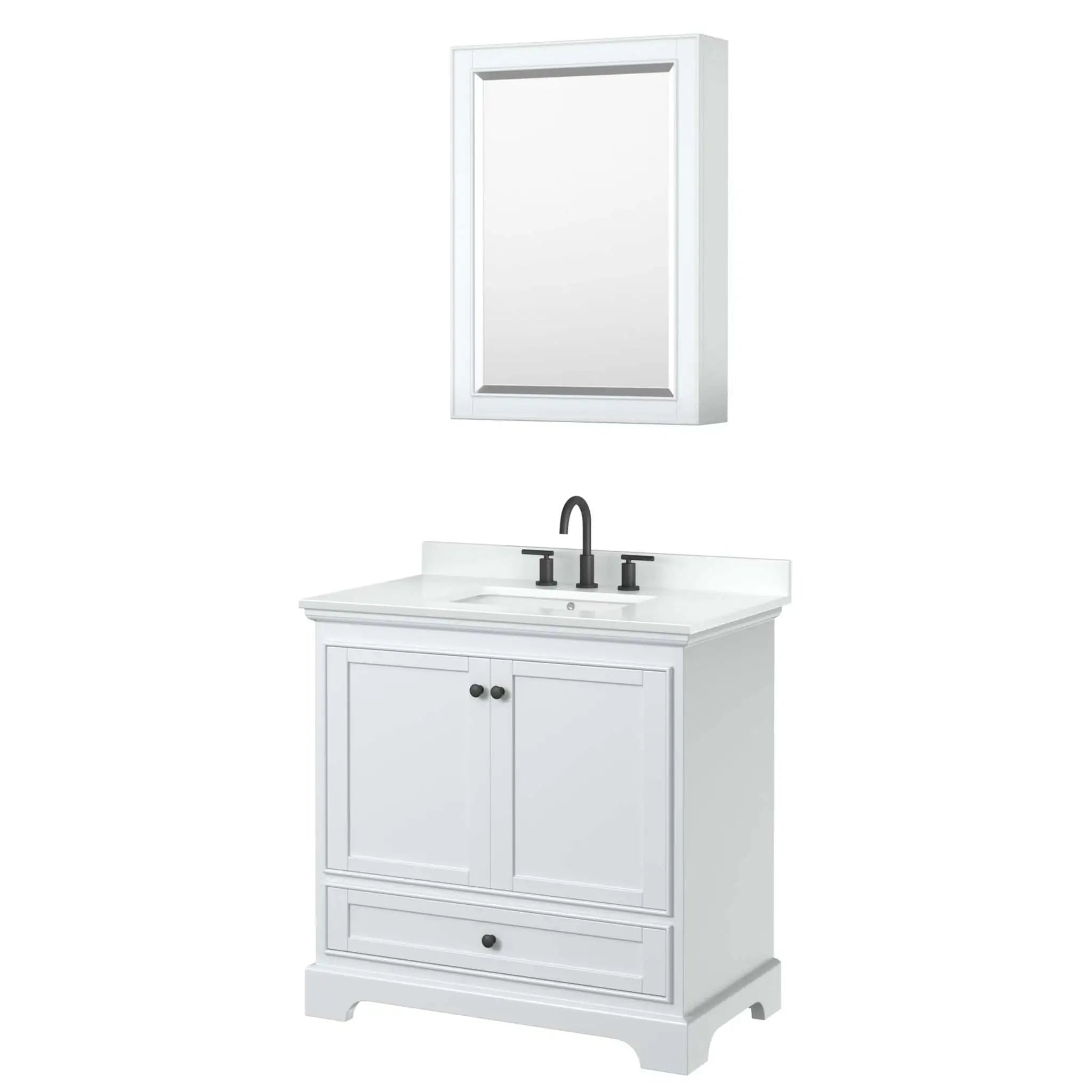 36" Deborah Single Bathroom Vanity in White with Matte Black Trim & Medicine Cabinet by Wyndham