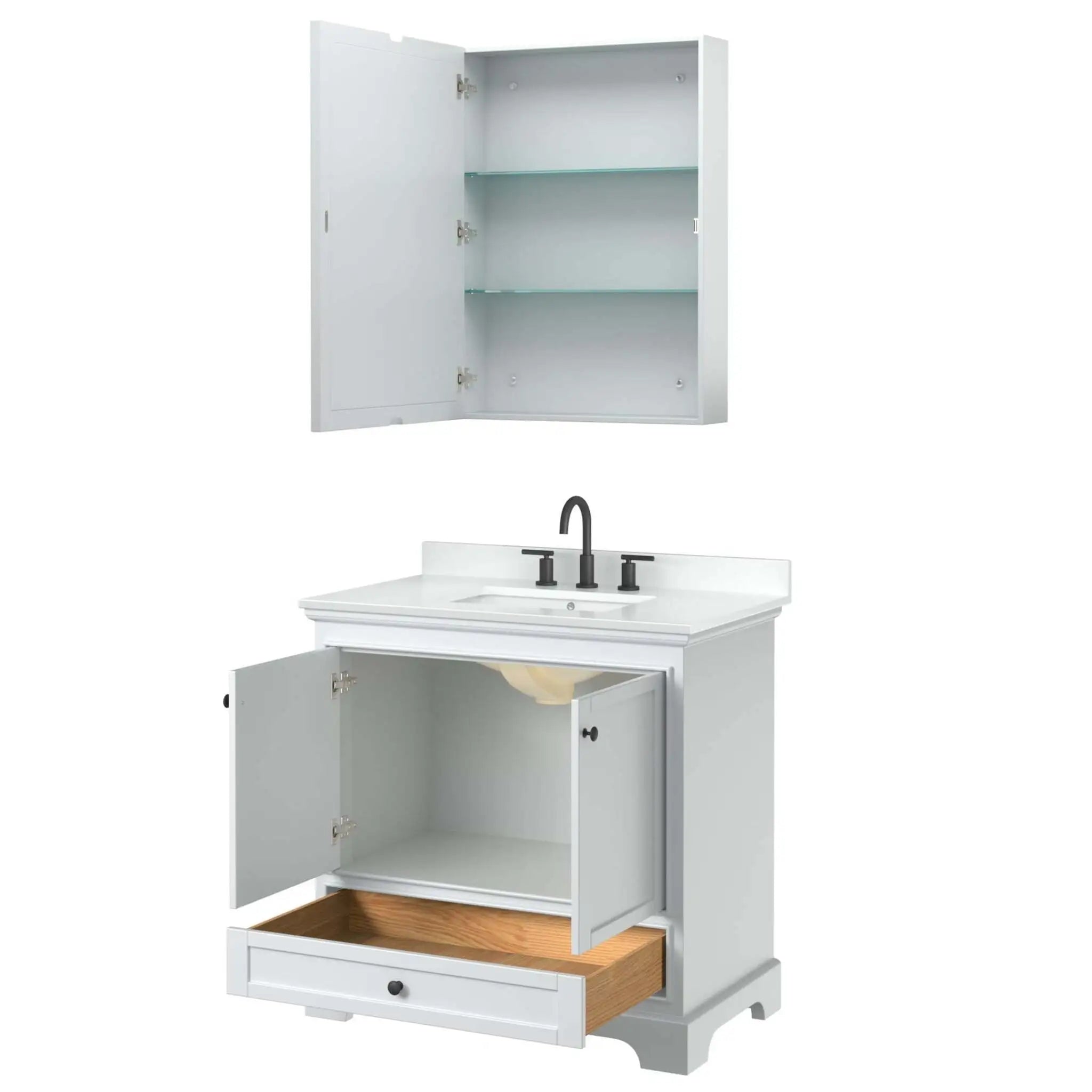 36" Deborah Single Bathroom Vanity in White with Matte Black Trim & Medicine Cabinet by Wyndham