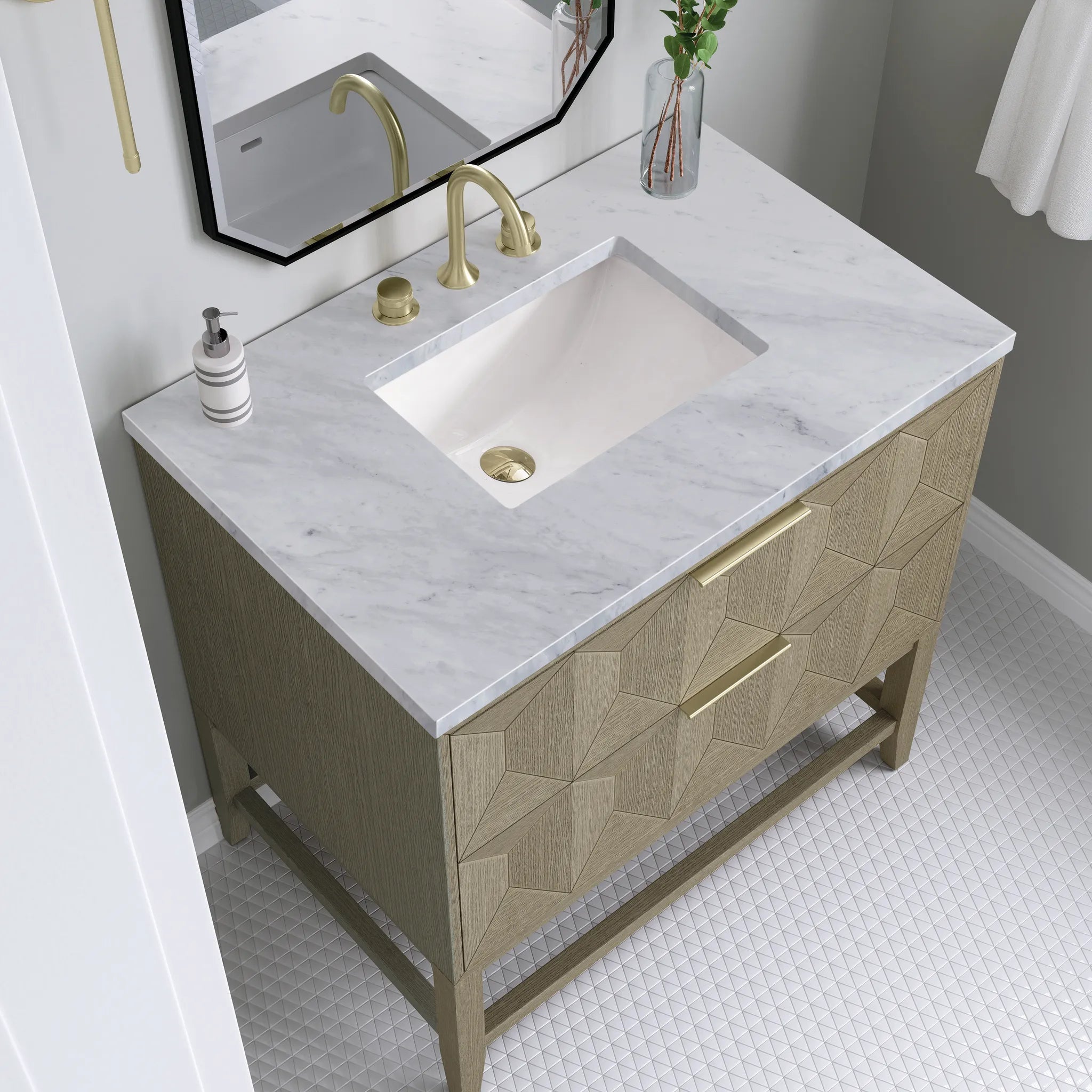 36" Emmeline Single Vanity in Pebble Oak-Carrara White Marble-8" Widespread image 4