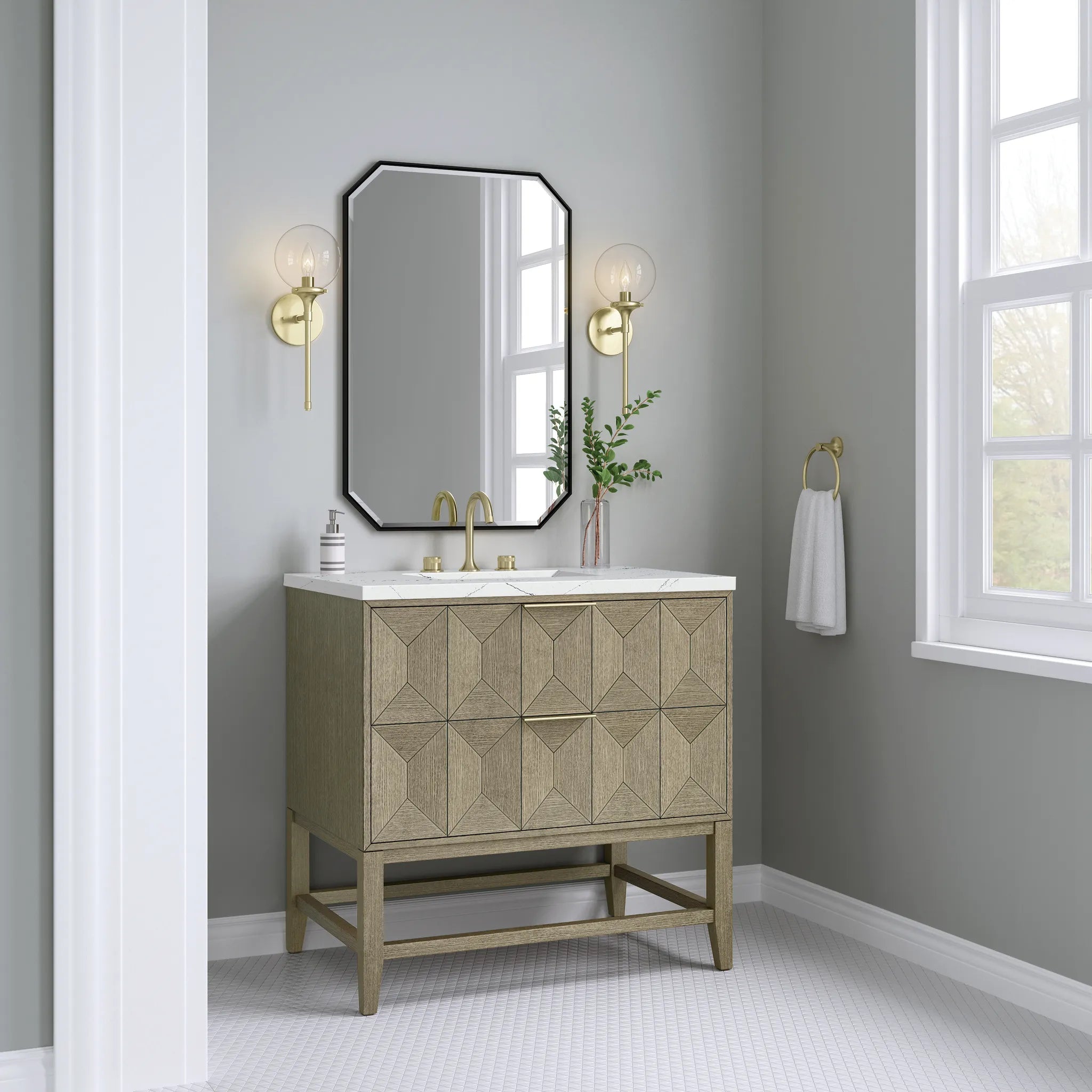 36" Emmeline Single Vanity in Pebble Oak-Ethereal Noctis Silestone-8" Widespread image 3