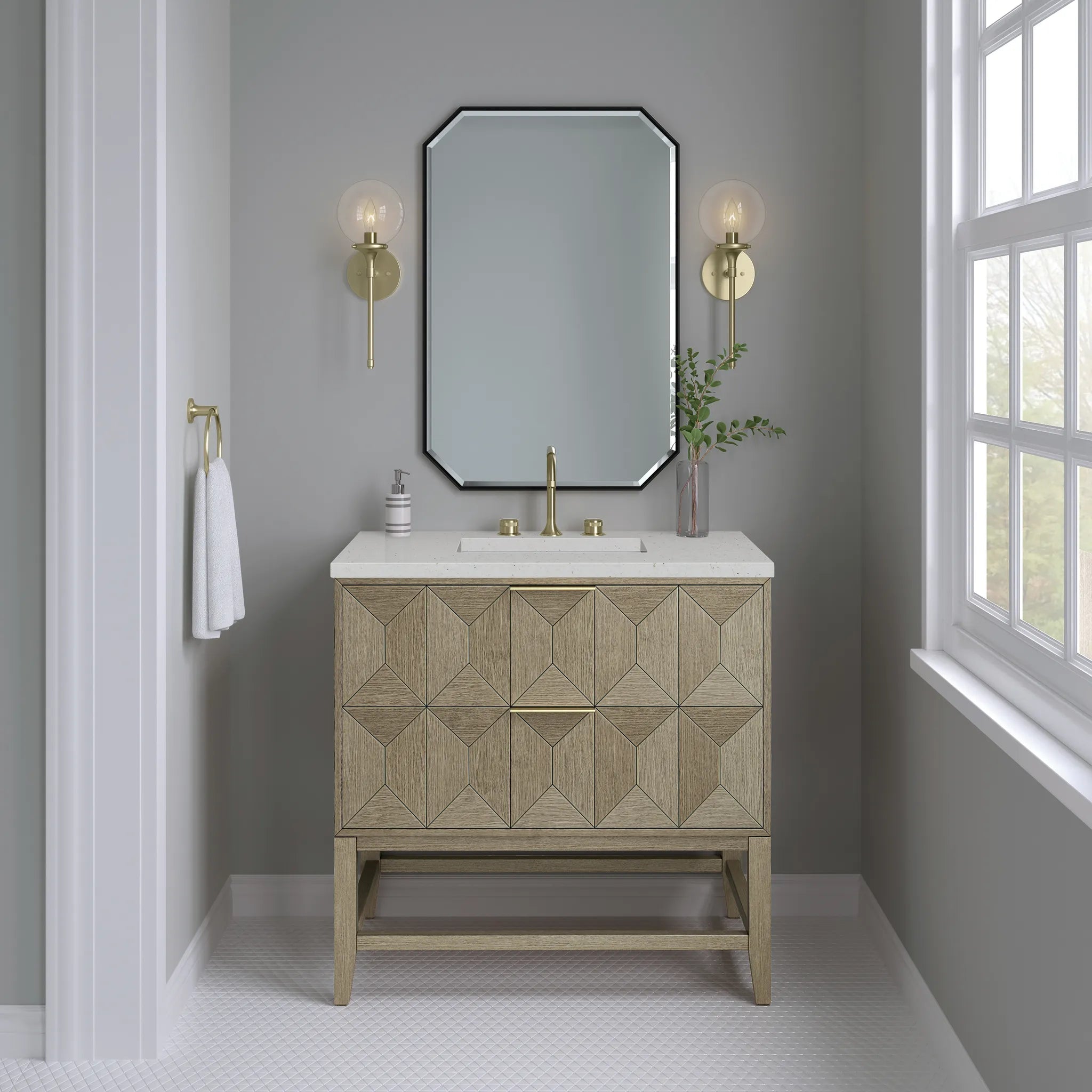 36" Emmeline Single Vanity in Pebble Oak-Lime Delight Silestone-8" Widespread image 1