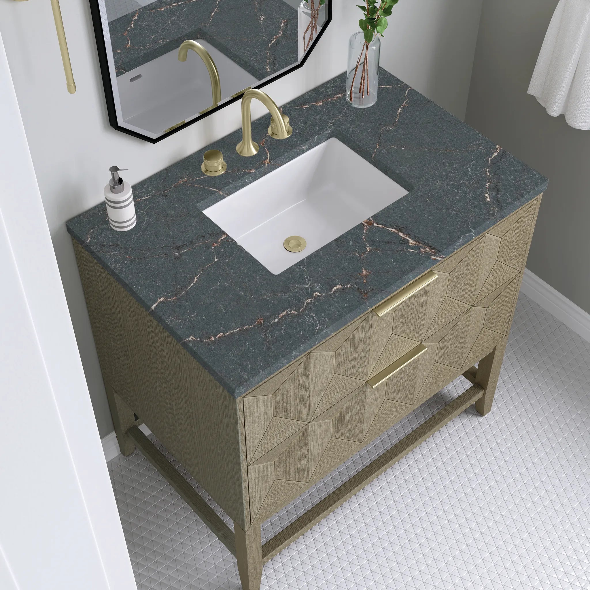 36" Emmeline Single Vanity in Pebble Oak-Parisien Bleu Silestone-8" Widespread image 3