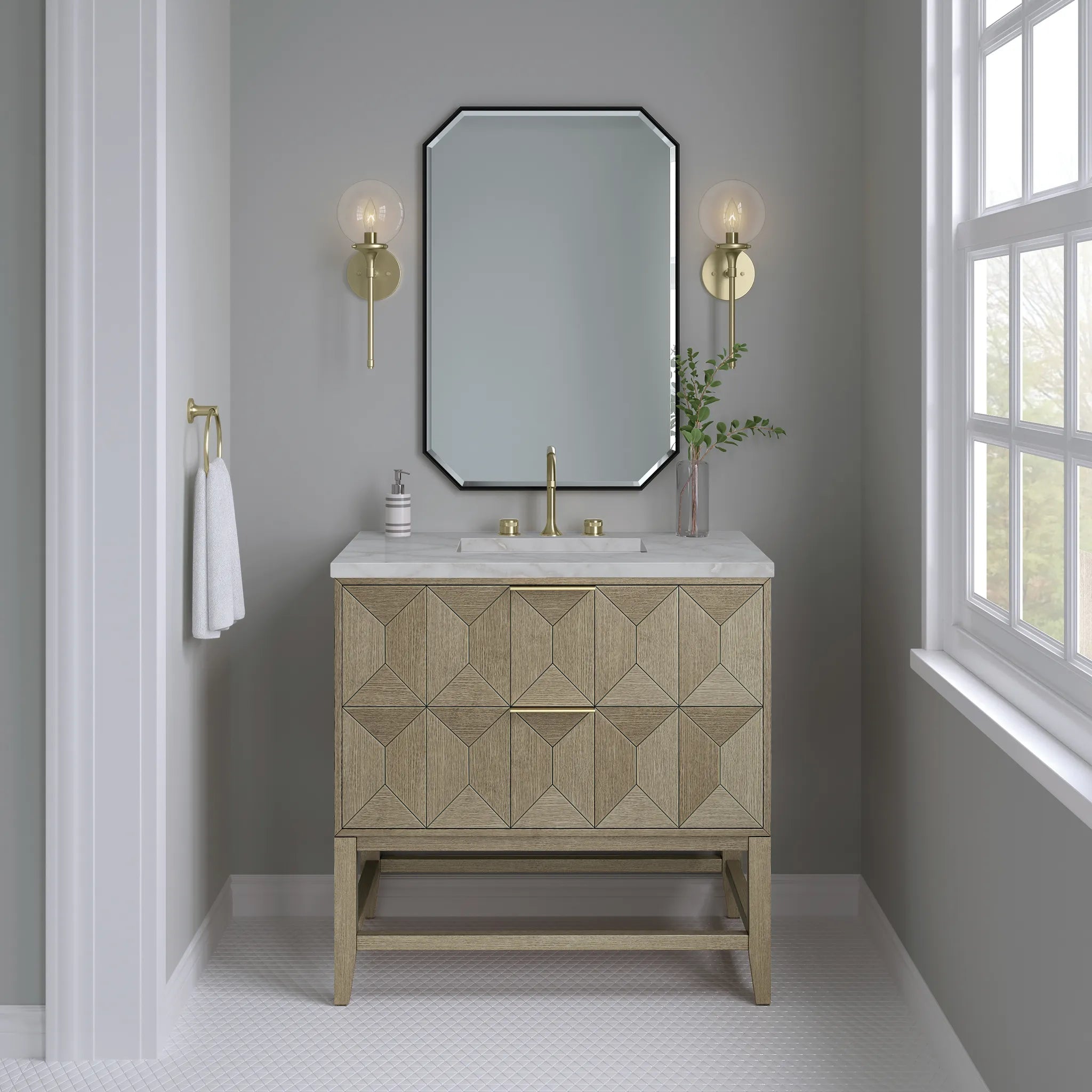 36" Emmeline Single Vanity in Pebble Oak-Victorian Silver Silestone-8" Widespread image 1