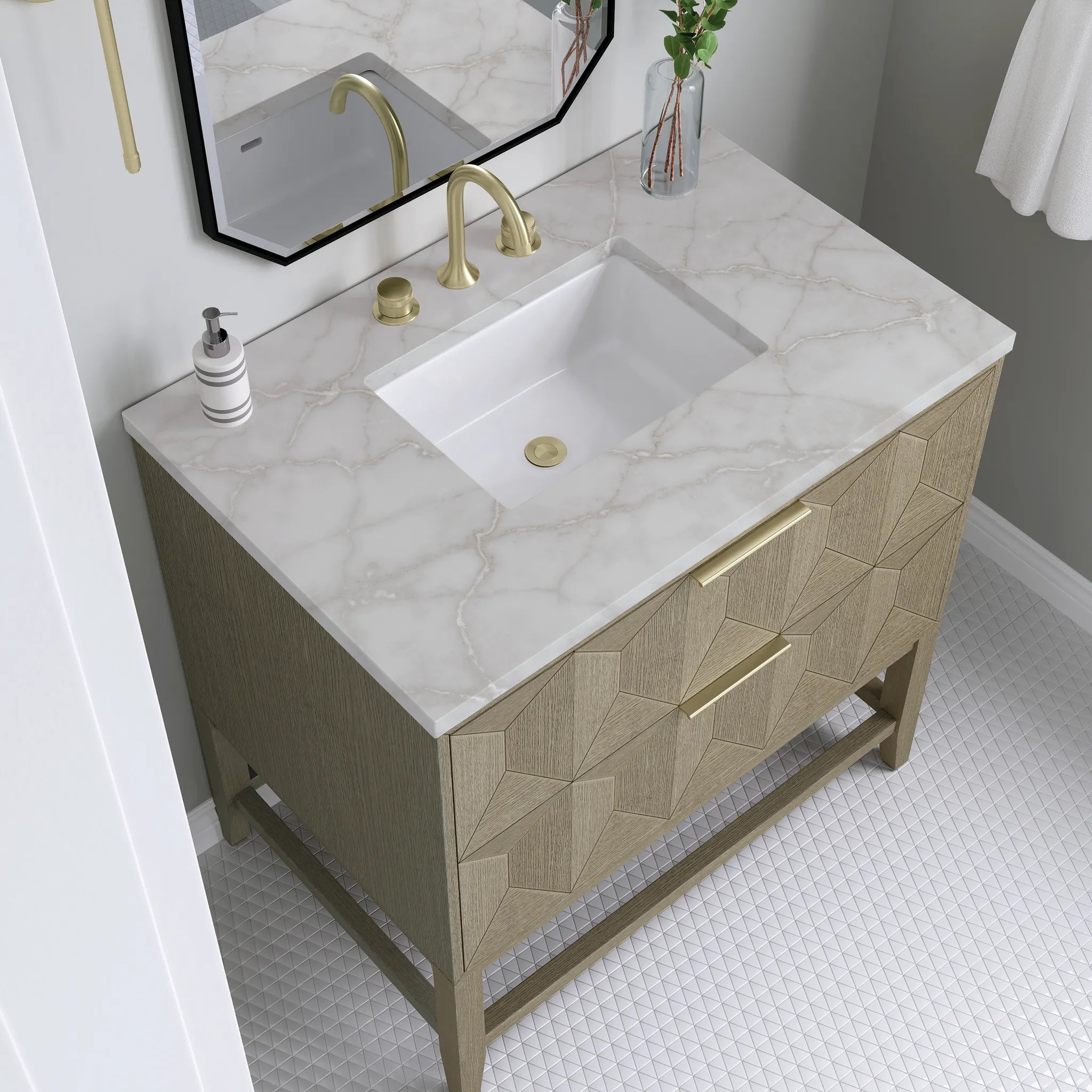 36" Emmeline Single Vanity in Pebble Oak-Victorian Silver Silestone-8" Widespread image 3