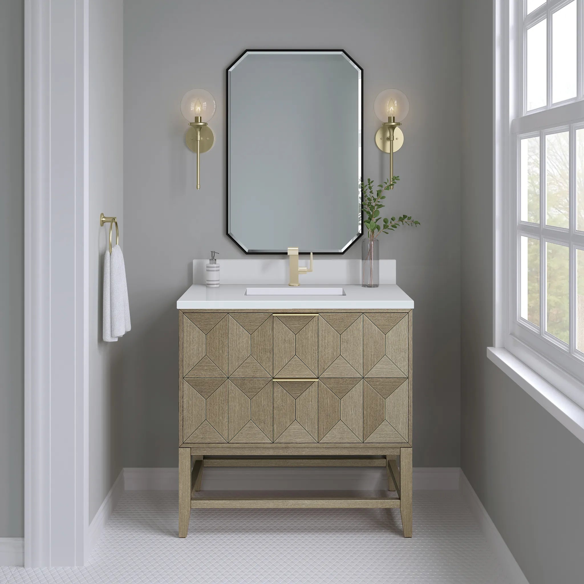 36" Emmeline Single Vanity in Pebble Oak-White Zeus Silestone & Backsplash-Single Hole image 1