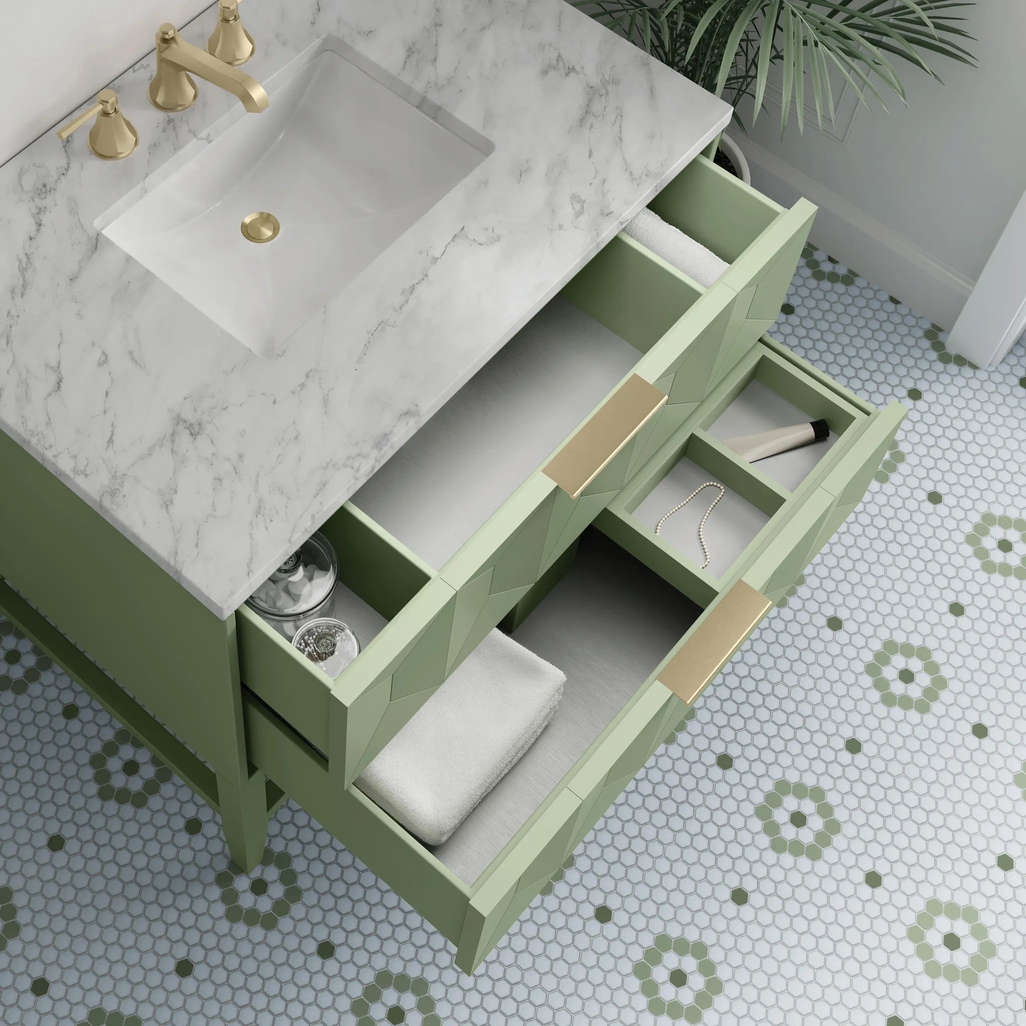 36" Emmeline Single Vanity in Pistachio-Carrara White Marble-8" Widespread image 11