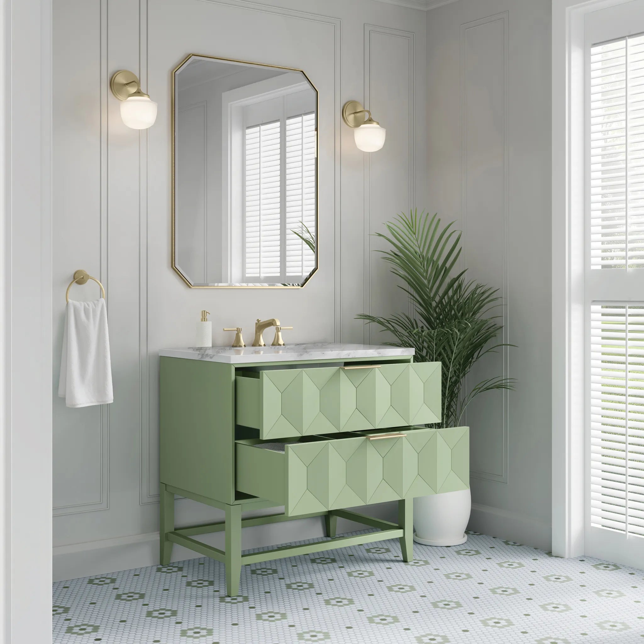 36" Emmeline Single Vanity in Pistachio-Carrara White Marble-8" Widespread image 4