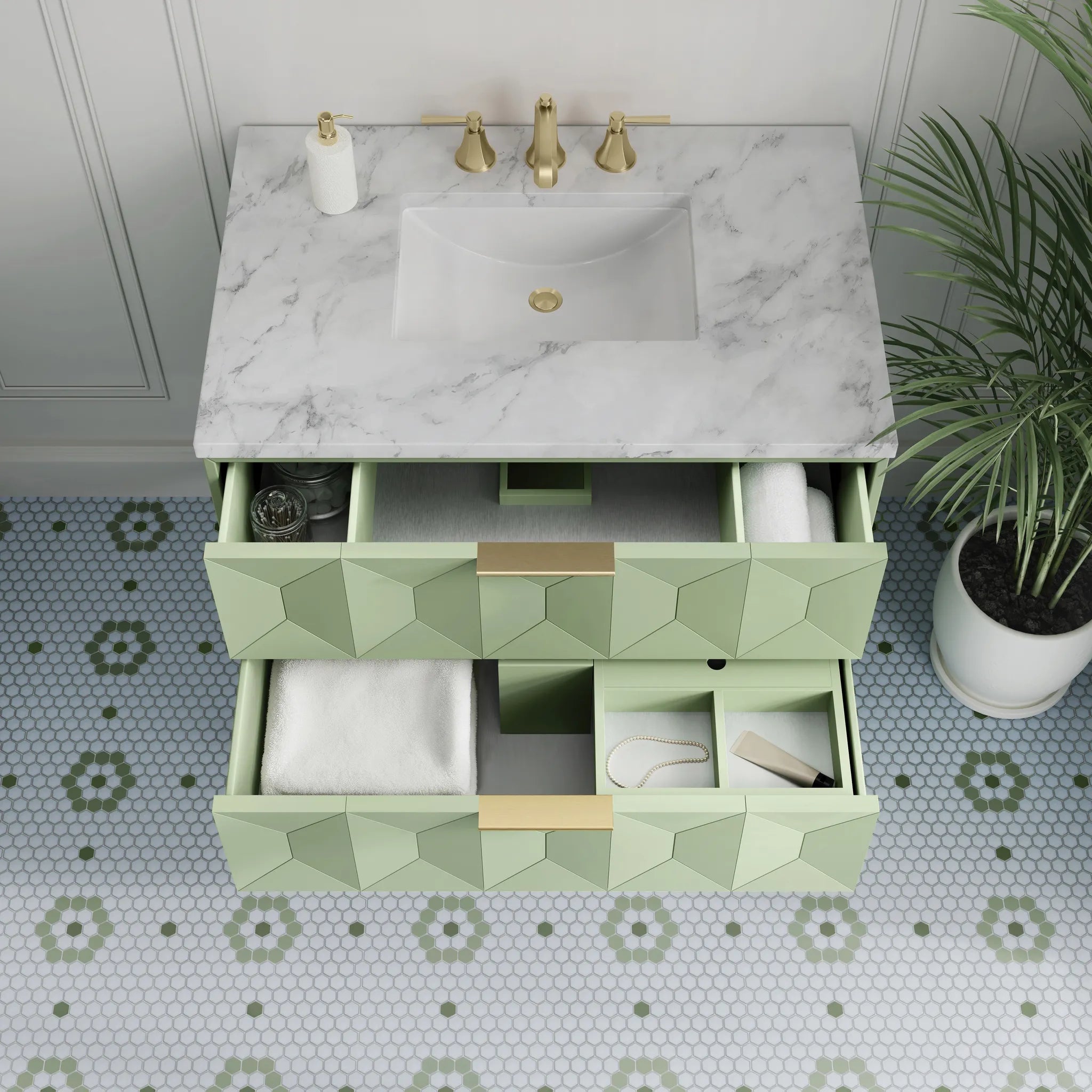 36" Emmeline Single Vanity in Pistachio-Carrara White Marble-8" Widespread image 5