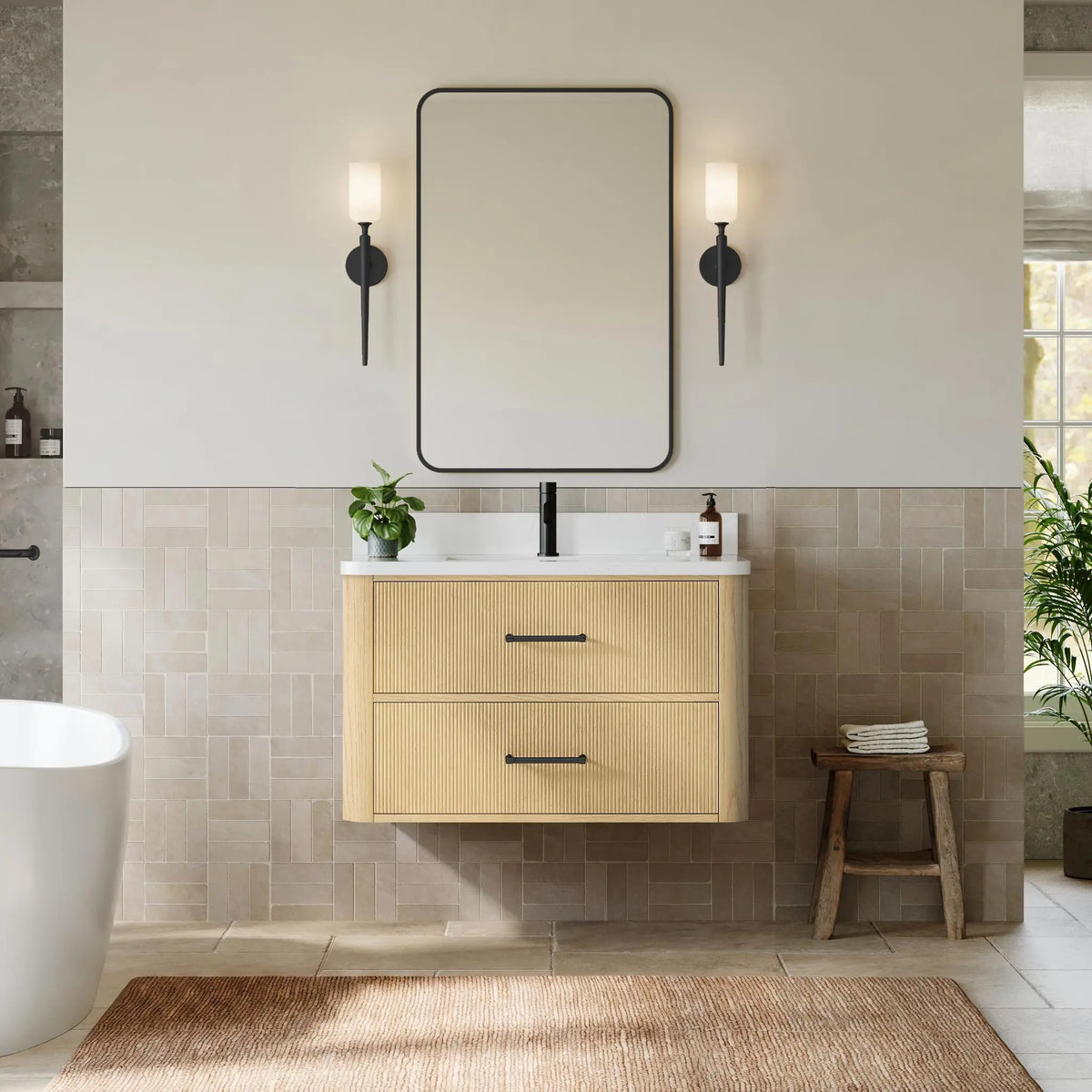 36" Francesca Single Wall Mounted Bathroom Vanity Scandinavian Oak Matte Black Trim by wyndham View 2
