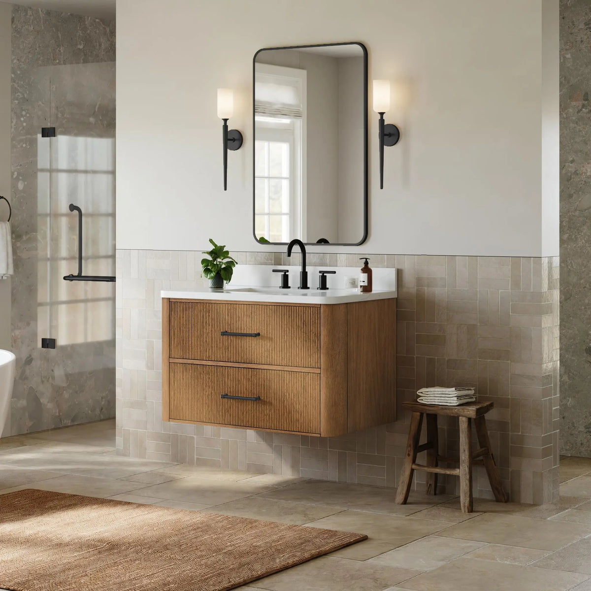 36" Francesca Single Wall Mounted Bathroom Vanity Toasted Walnut Matte Black Trim by wyndham View 9