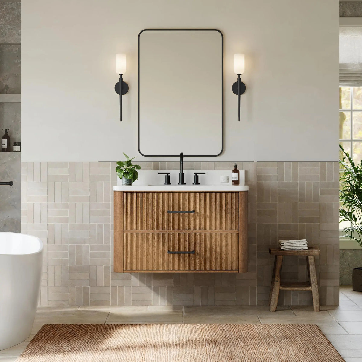 36" Francesca Single Wall Mounted Bathroom Vanity Toasted Walnut Matte Black Trim by wyndham View 17