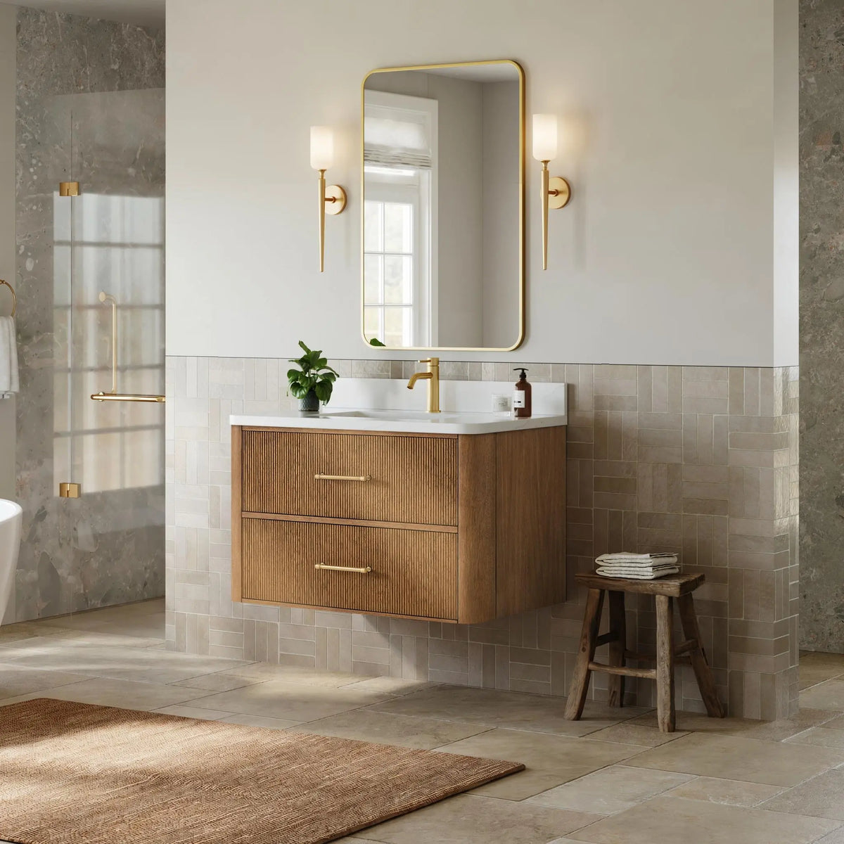 36" Francesca Single Wall Mounted Bathroom Vanity Toasted Walnut Satin Bronze Trim by wyndham View 4