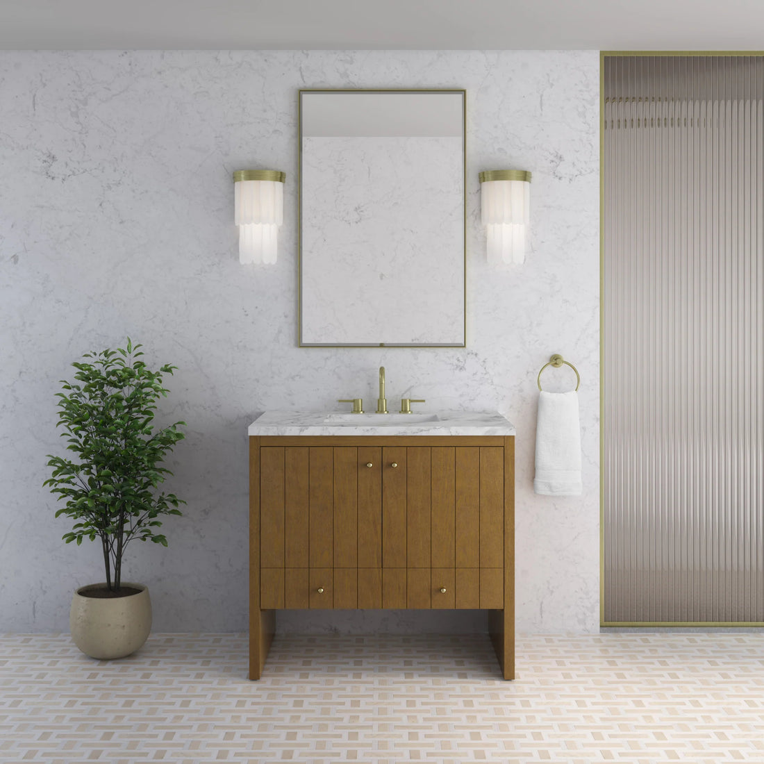 36" Hudson Single Vanity in Honey Oak by James Martin Vanities-Carrara White Marble 1