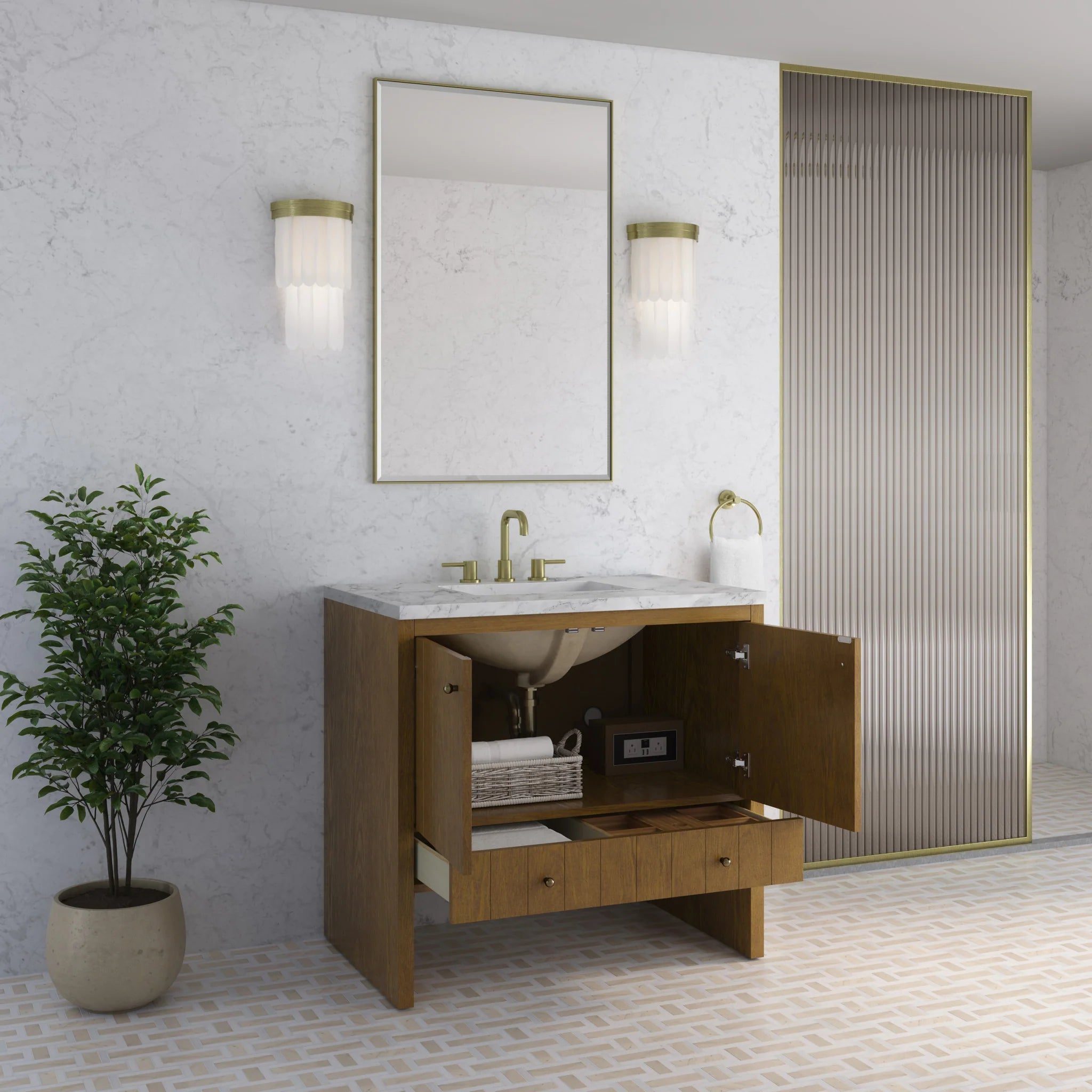 36" Hudson Single Vanity in Honey Oak by James Martin Vanities-Carrara White Marble 3