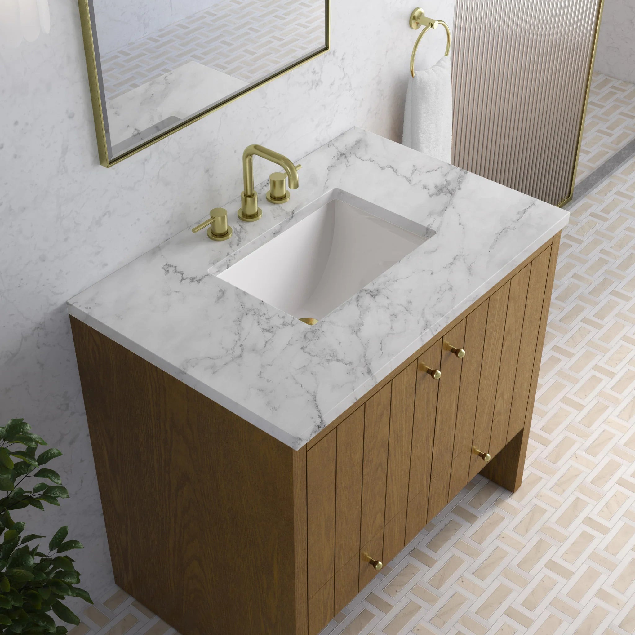 36" Hudson Single Vanity in Honey Oak by James Martin Vanities-Carrara White Marble 6