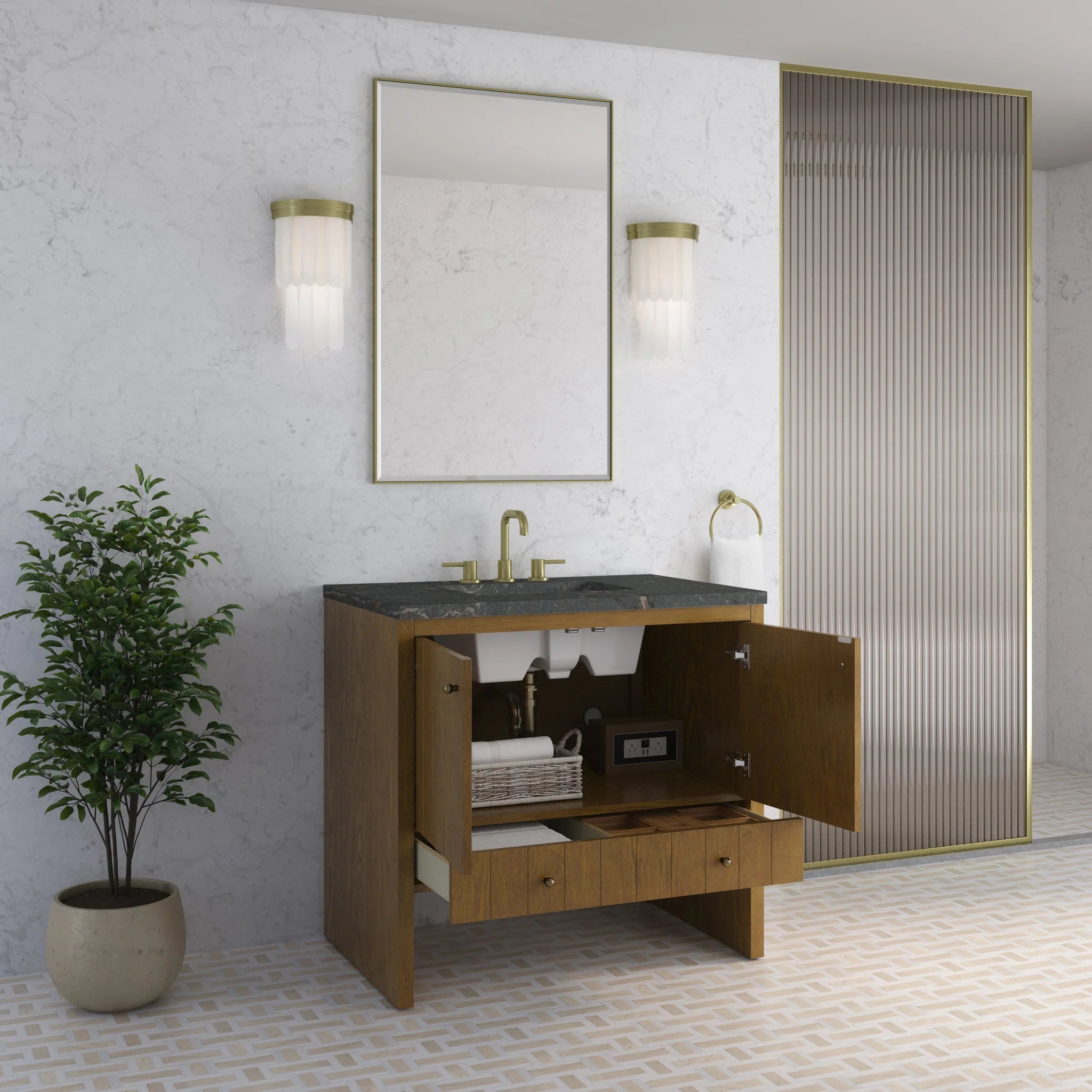 36" Hudson Single Vanity in Honey Oak by James Martin Vanities-Parisien Bleu Silestone 3