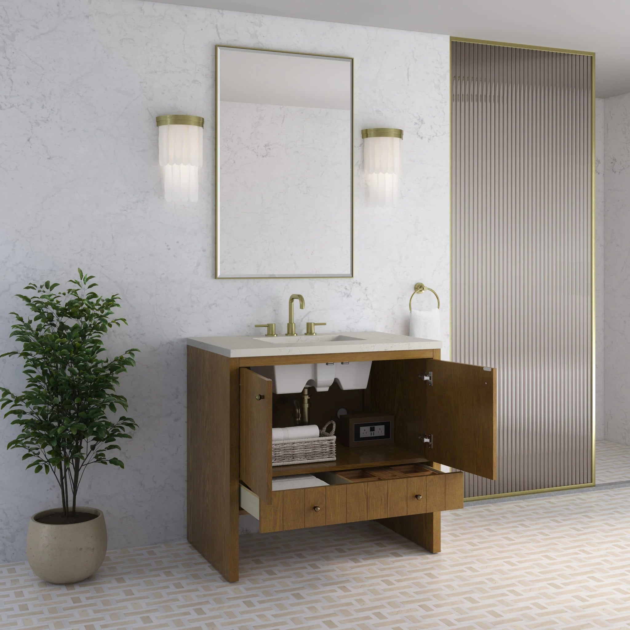 36" Hudson Single Vanity in Honey Oak by James Martin Vanities-Siberian Silestone 3