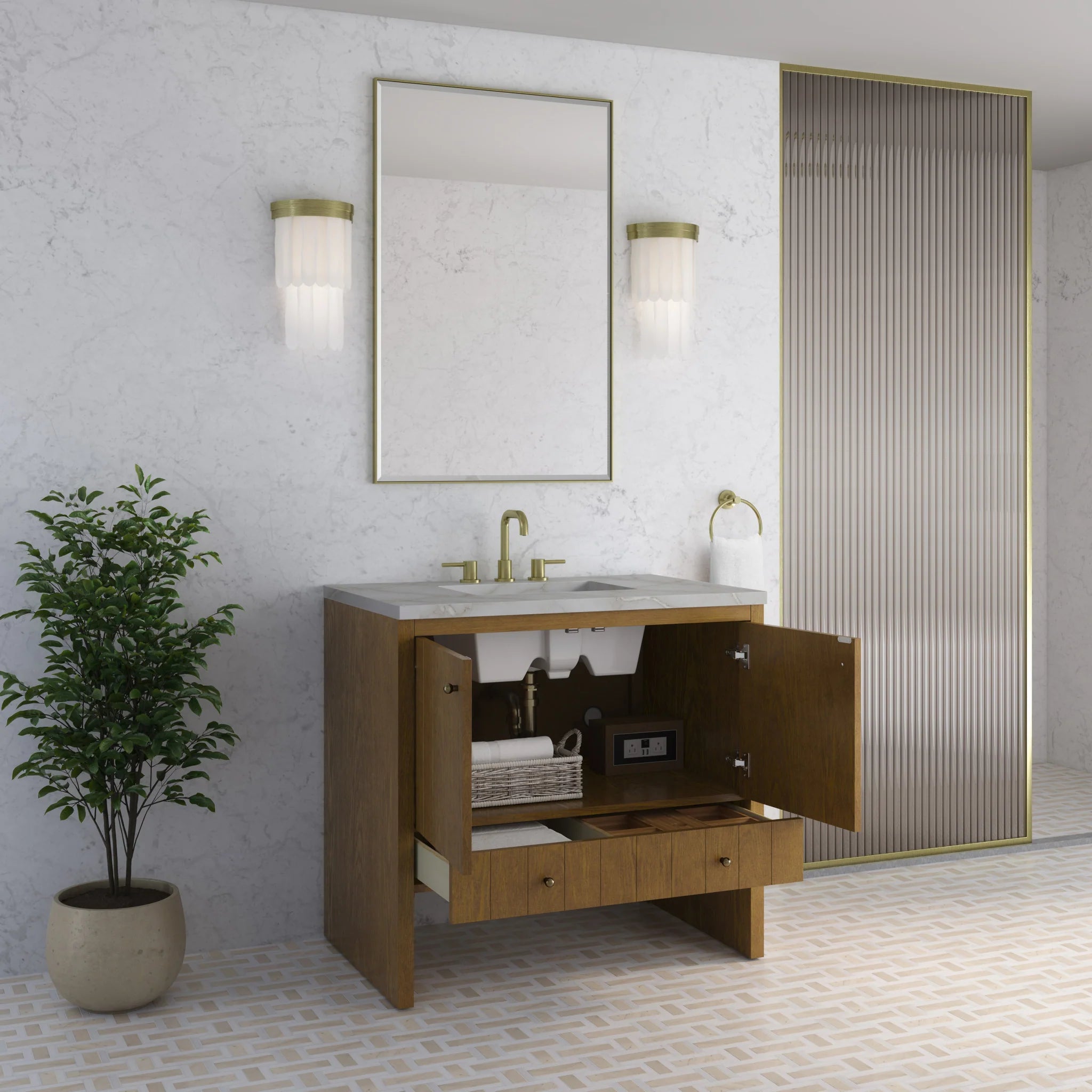 36" Hudson Single Vanity in Honey Oak by James Martin Vanities-Victorian Silver Silestone 3