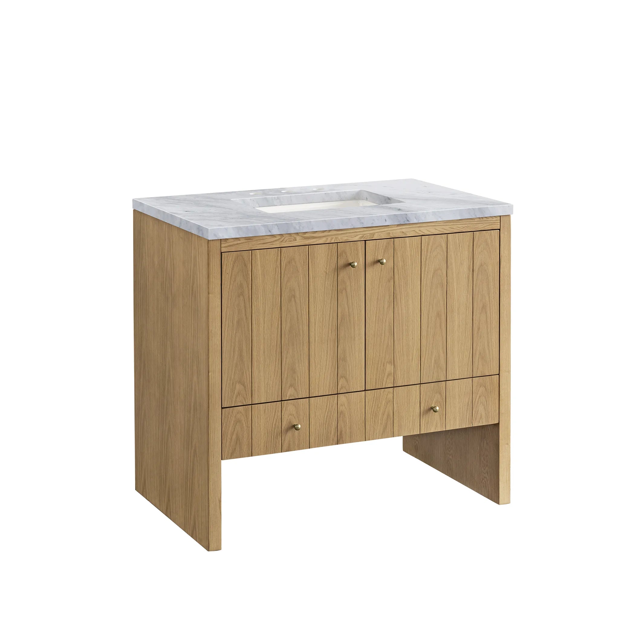 36" Hudson Single Vanity in Light Natural Oak-Carrara White Marble-8" Widespread image 4