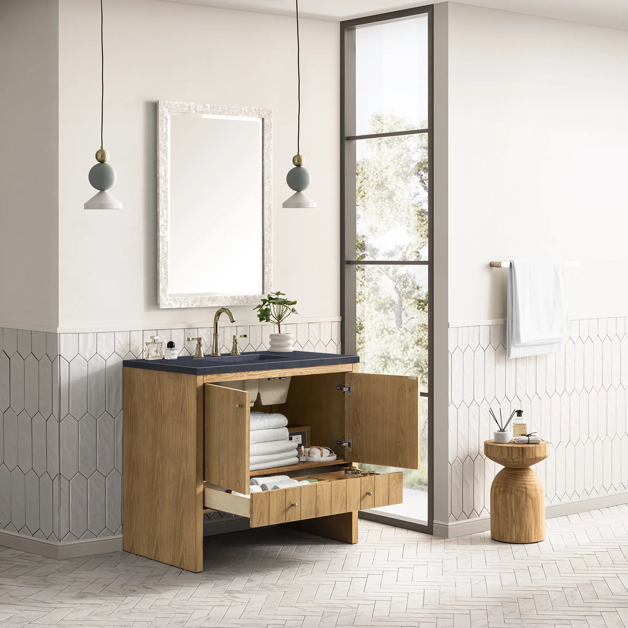 36" Hudson Single Vanity in Light Natural Oak-Charcoal Soapstone Silestone-8" Widespread image 3