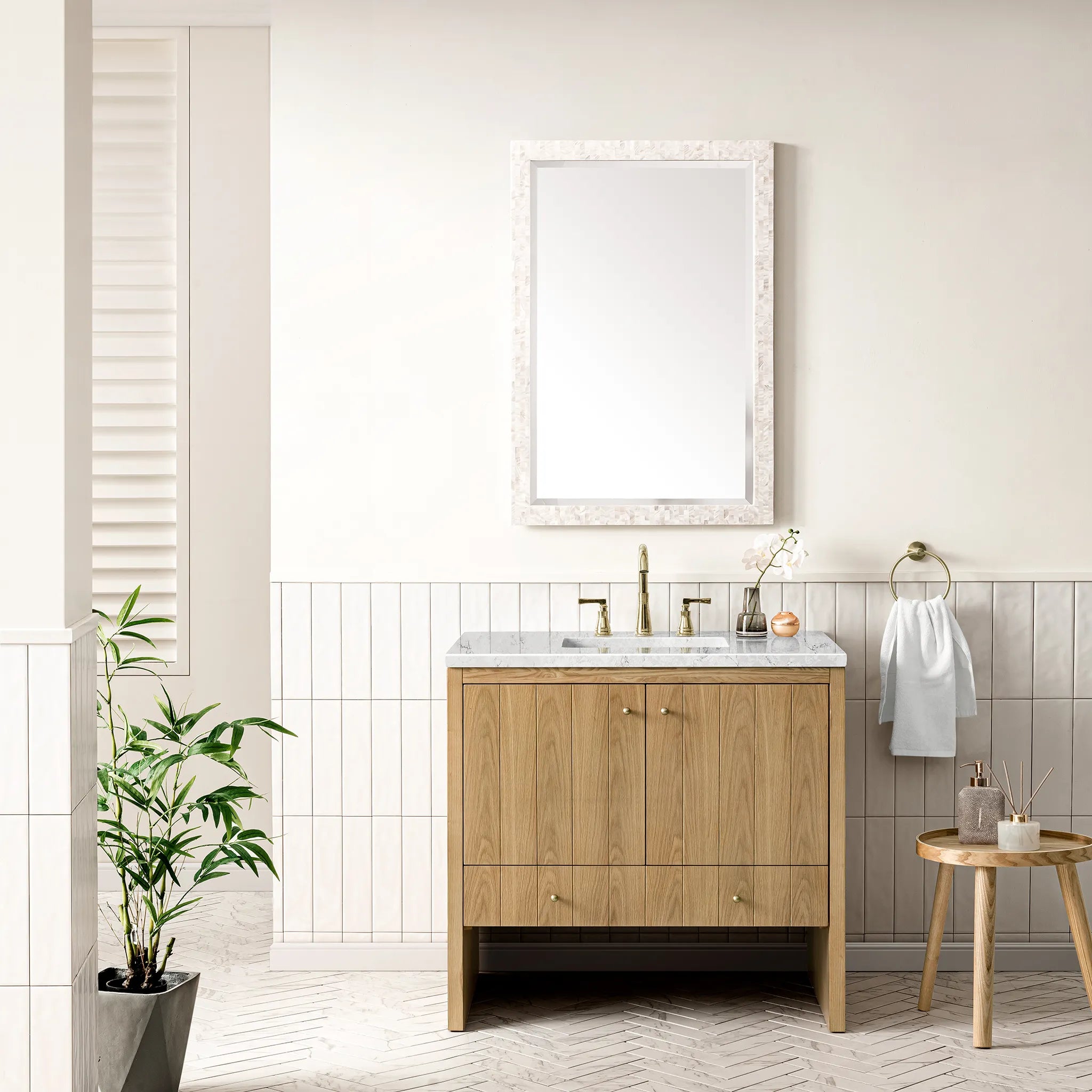 36" Hudson Single Vanity in Light Natural Oak-Eternal Jasmine Pearl Silestone-8" Widespread image 1
