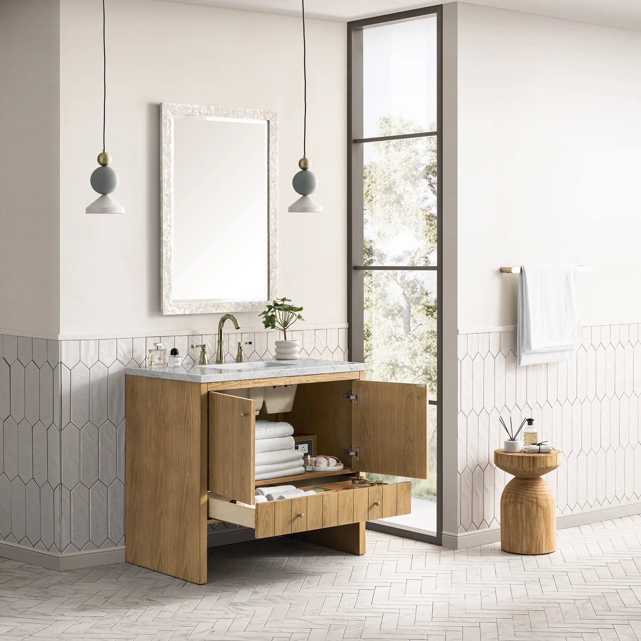 36" Hudson Single Vanity in Light Natural Oak-Eternal Jasmine Pearl Silestone-8" Widespread image 3