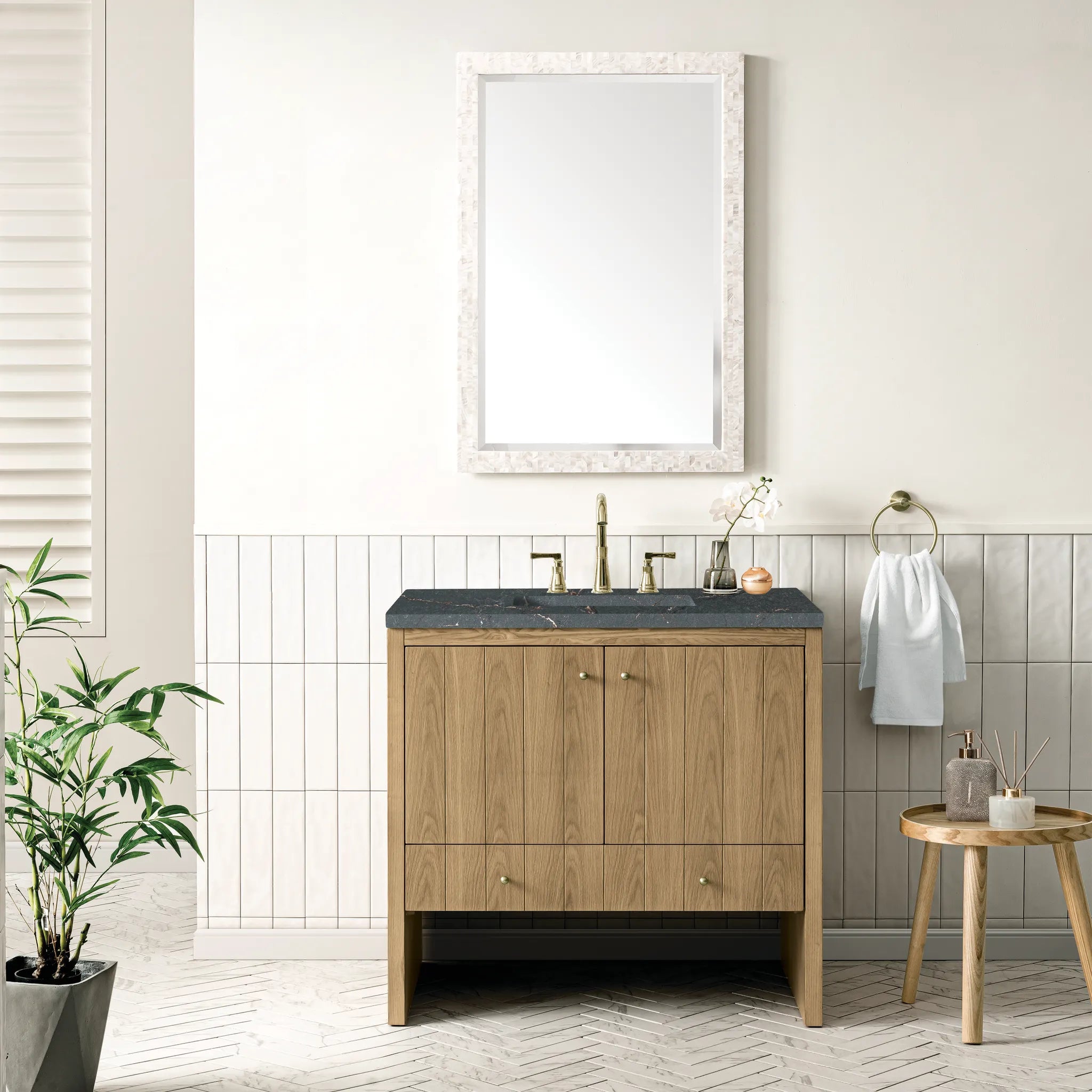 36" Hudson Single Vanity in Light Natural Oak-Parisien Bleu Silestone-8" Widespread image 1