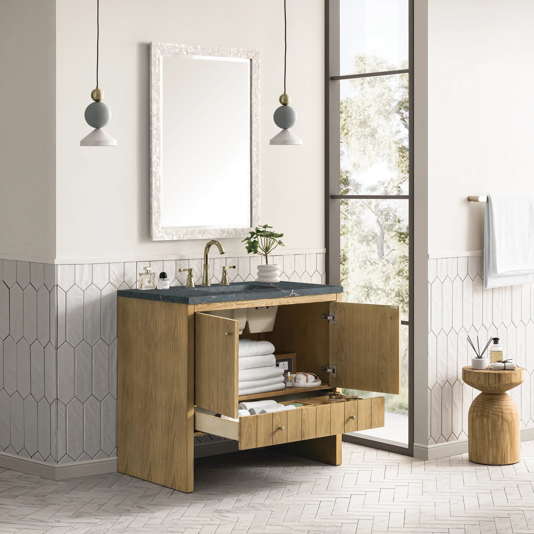 36" Hudson Single Vanity in Light Natural Oak-Parisien Bleu Silestone-8" Widespread image 3