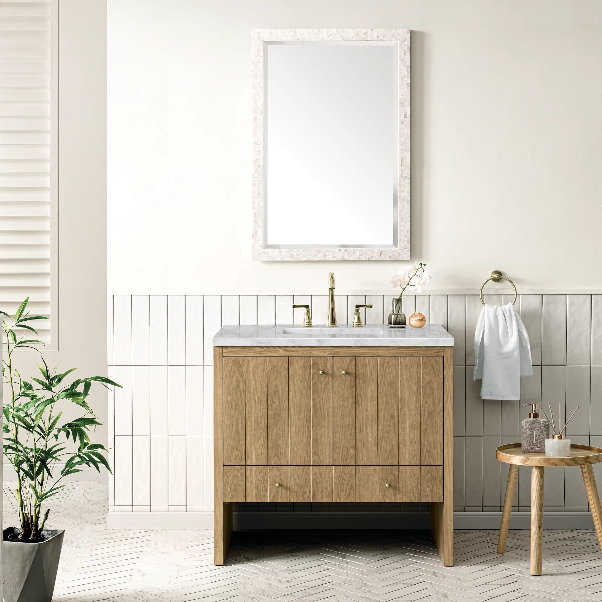 36" Hudson Single Vanity in Light Natural Oak-Victorian Silver Silestone-8" Widespread image 1