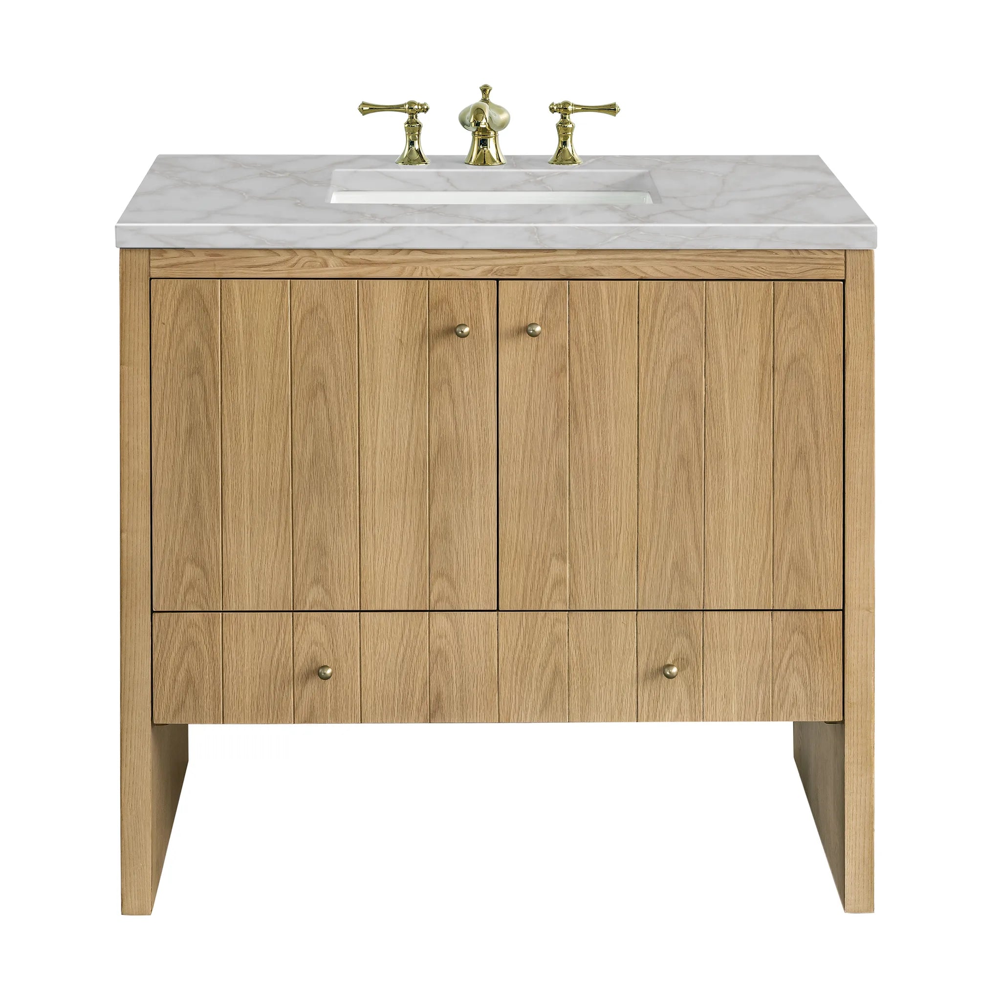 36" Hudson Single Vanity in Light Natural Oak-Victorian Silver Silestone-8" Widespread image