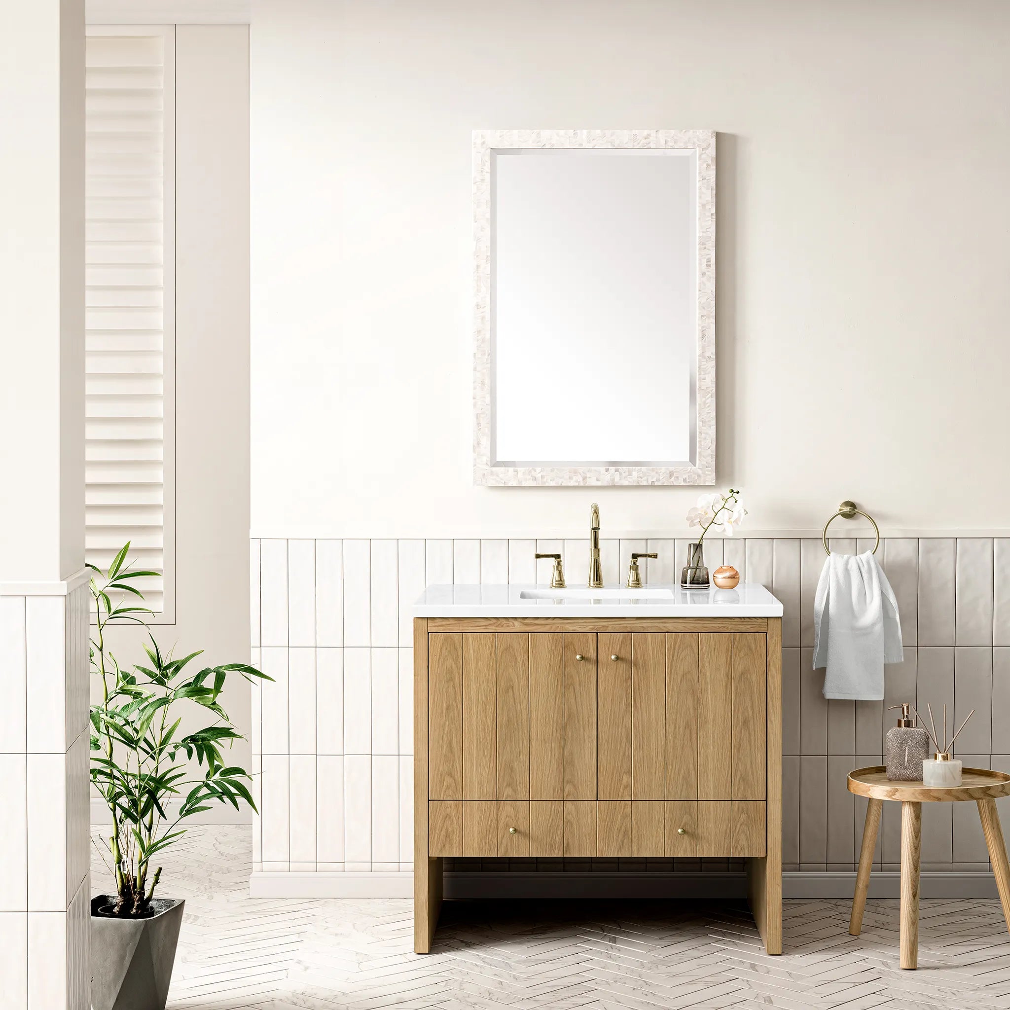 36" Hudson Single Vanity in Light Natural Oak-White Zeus Silestone-8" Widespread image 2