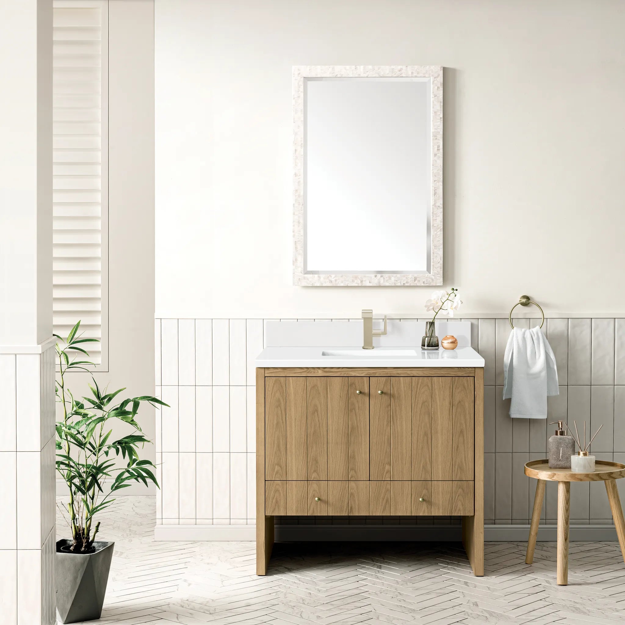 36" Hudson Single Vanity in Light Natural Oak-White Zeus Silestone & Backsplash-Single Hole image 1