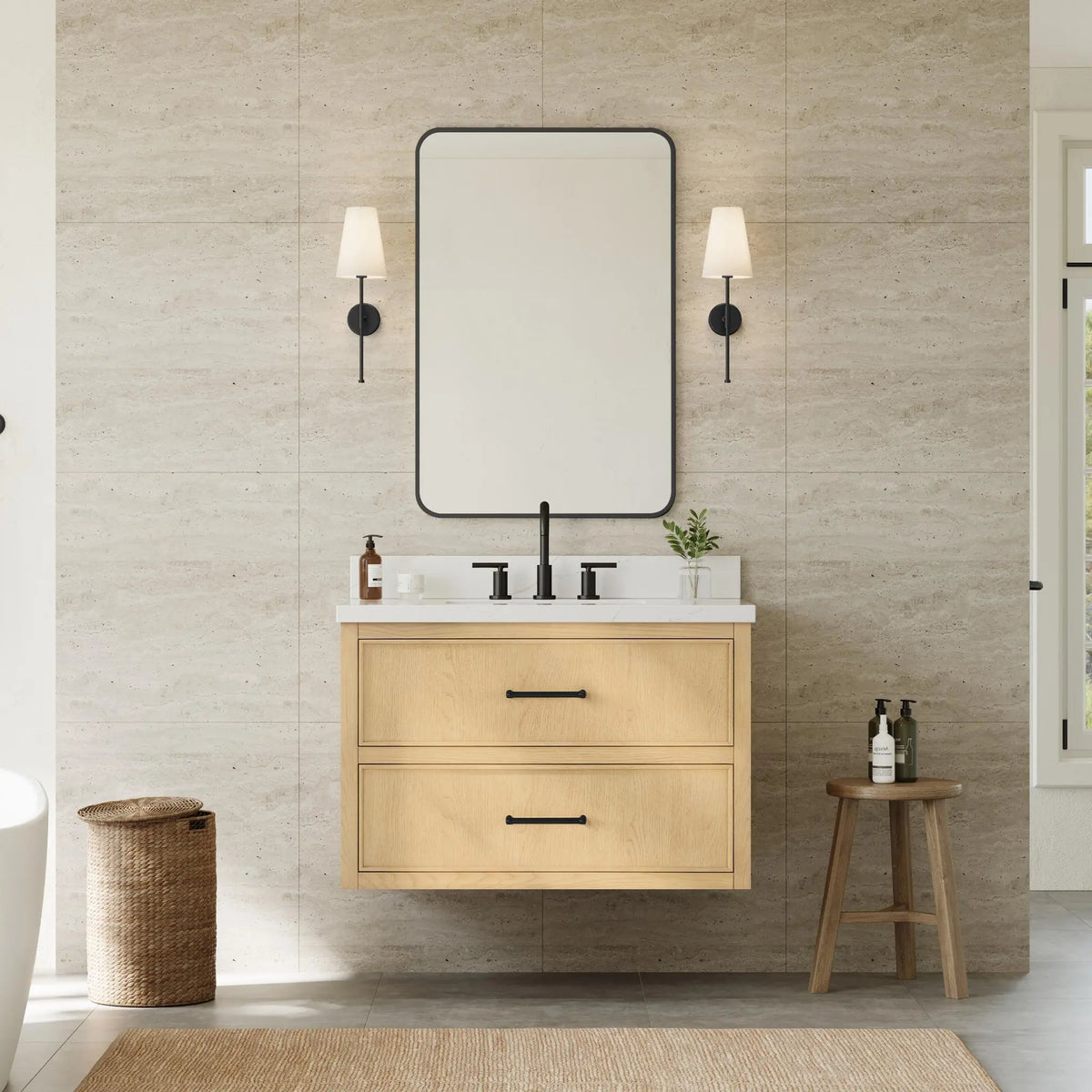 36" Isola Single Wall Mounted Bathroom Vanity Scandinavian Oak Matte Black Trim by wyndham View 6