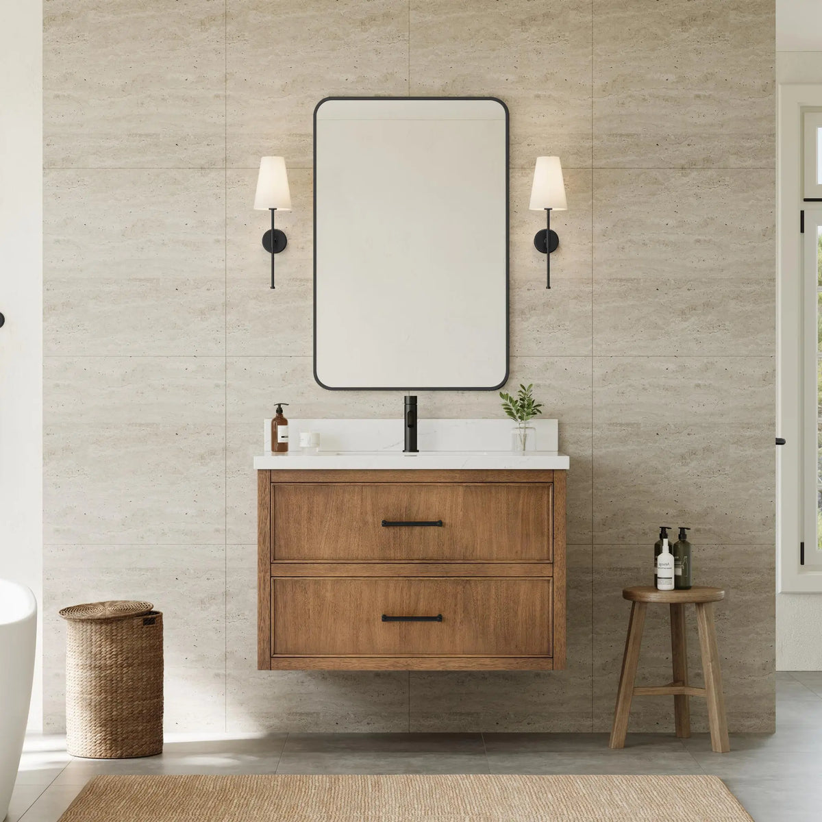 36" Isola Single Wall Mounted Bathroom Vanity Toasted Walnut Matte Black Trim by wyndham View 2