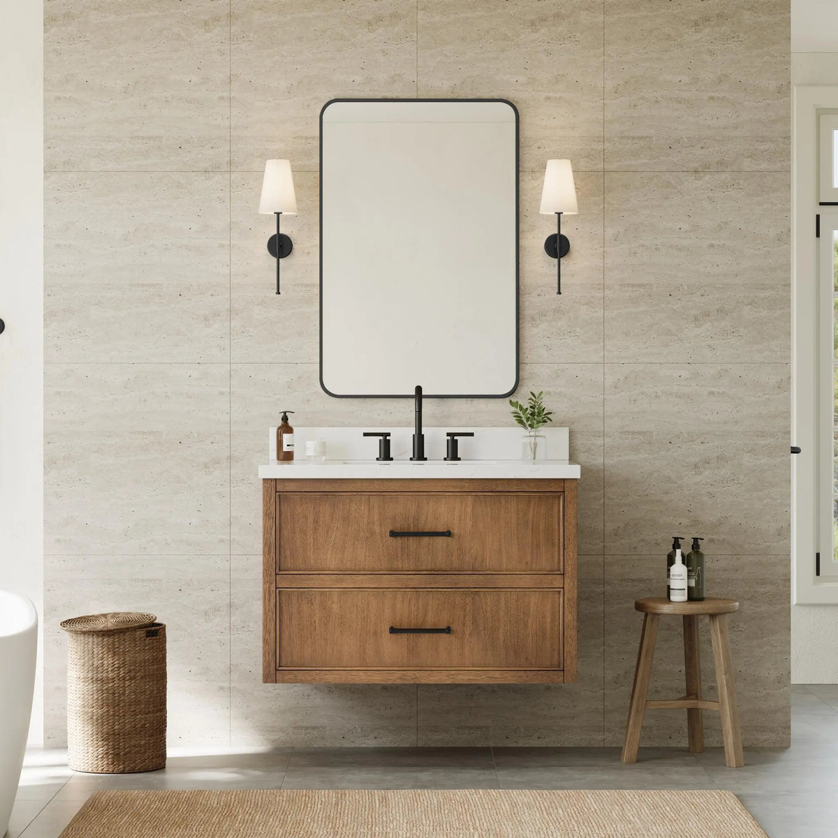 36" Isola Single Wall Mounted Bathroom Vanity Toasted Walnut Matte Black Trim by wyndham View 6