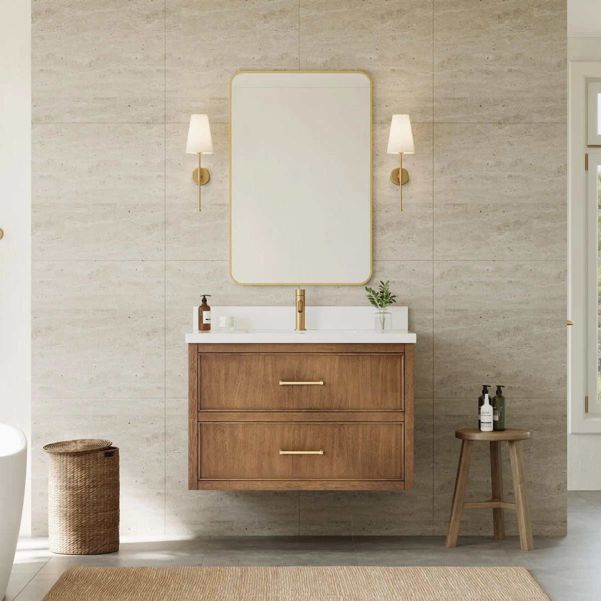 36" Isola Single Wall Mounted Bathroom Vanity Toasted Walnut Satin Bronze Trim by wyndham View 10