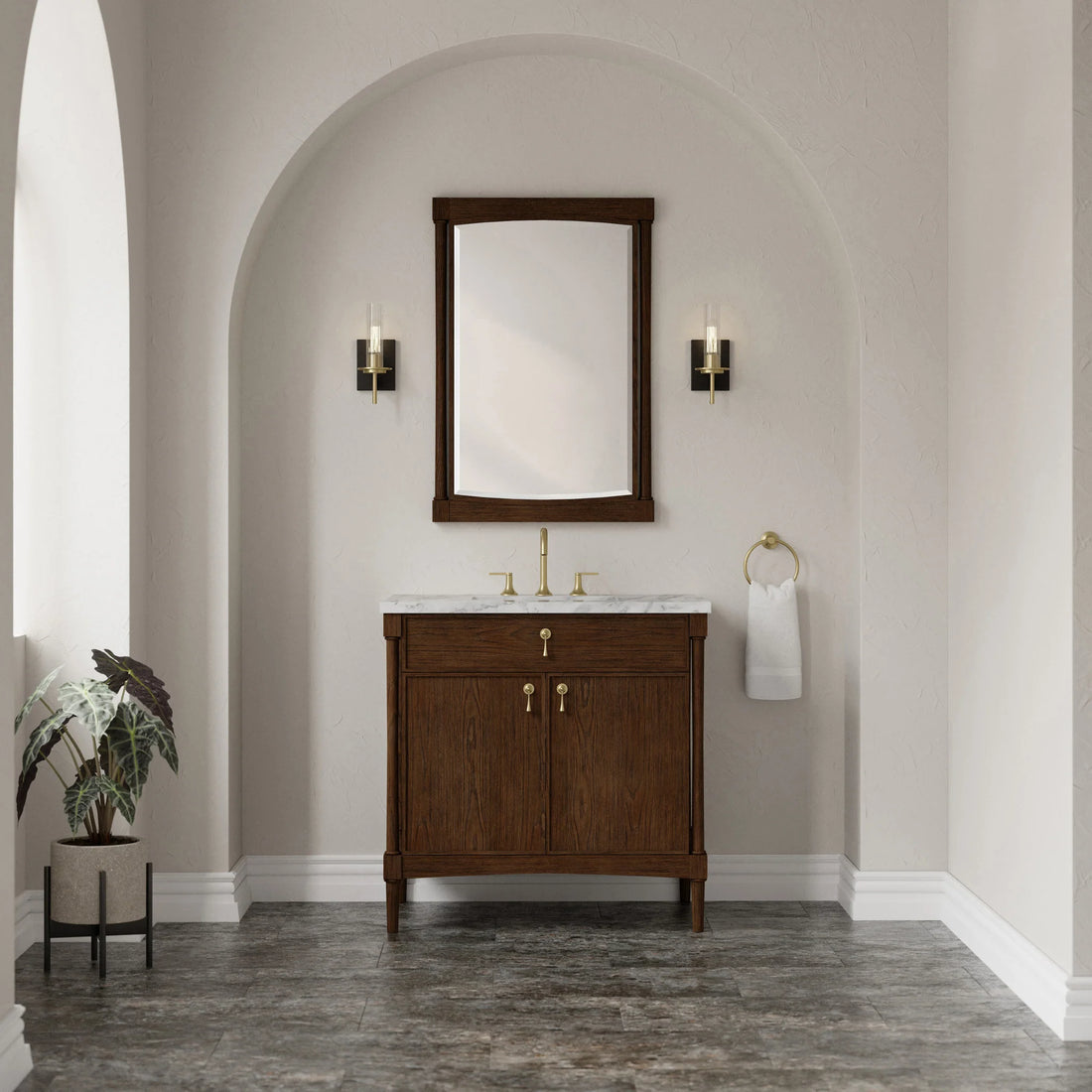 36" Kinnsden Single Vanity in Sable Oak by James Martin Vanities-Carrara White Marble 1