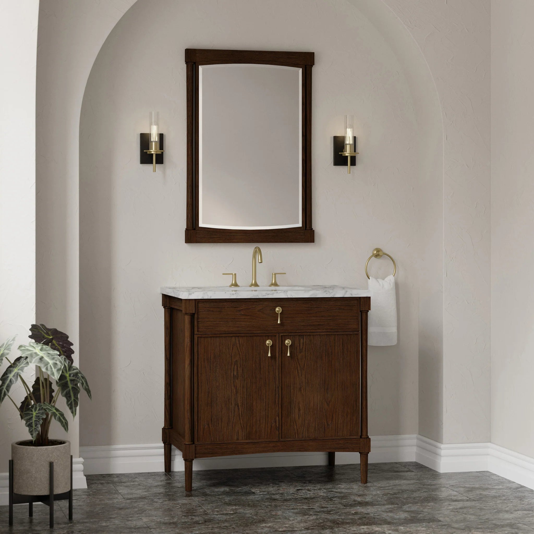 36" Kinnsden Single Vanity in Sable Oak by James Martin Vanities-Carrara White Marble 2