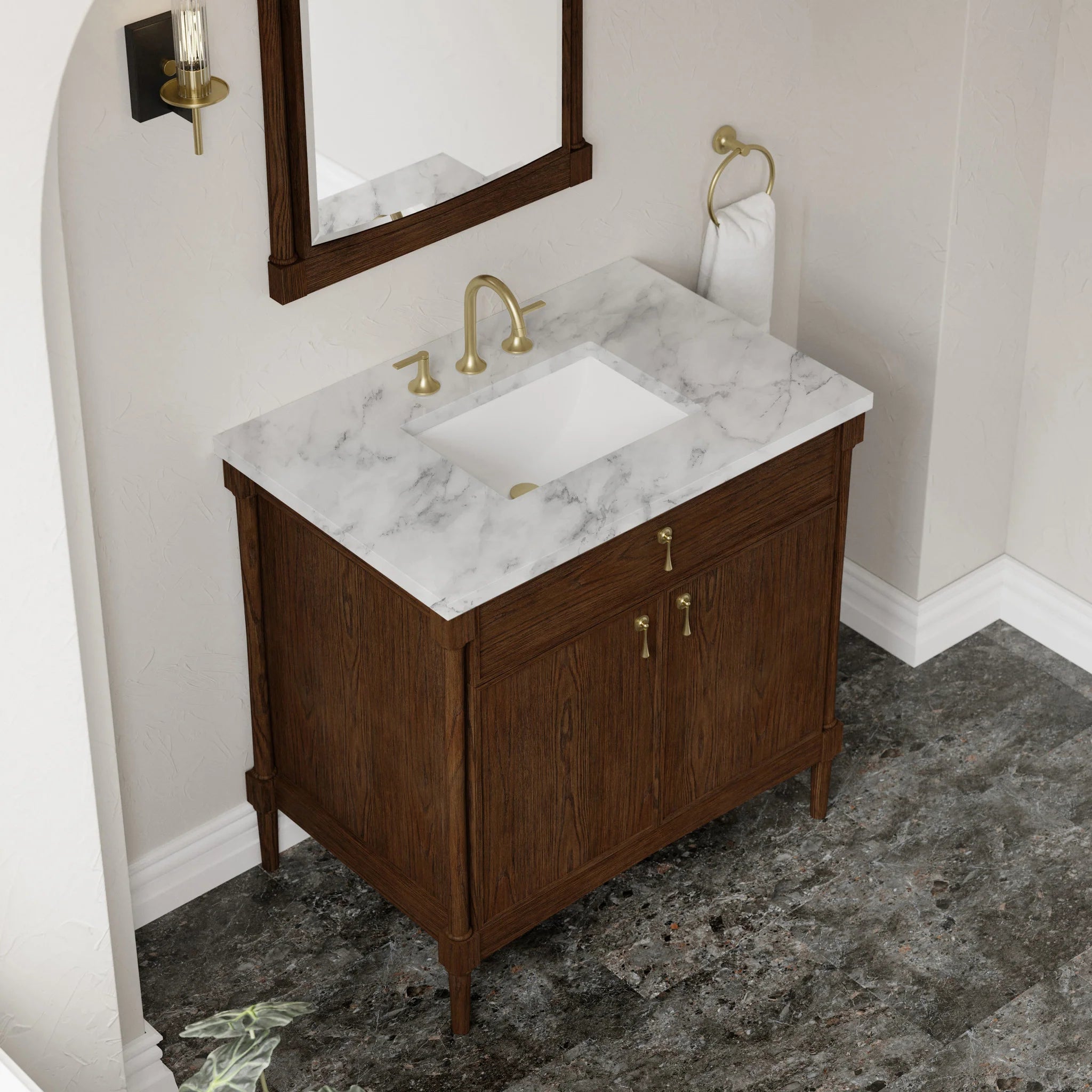 36" Kinnsden Single Vanity in Sable Oak by James Martin Vanities-Carrara White Marble 5
