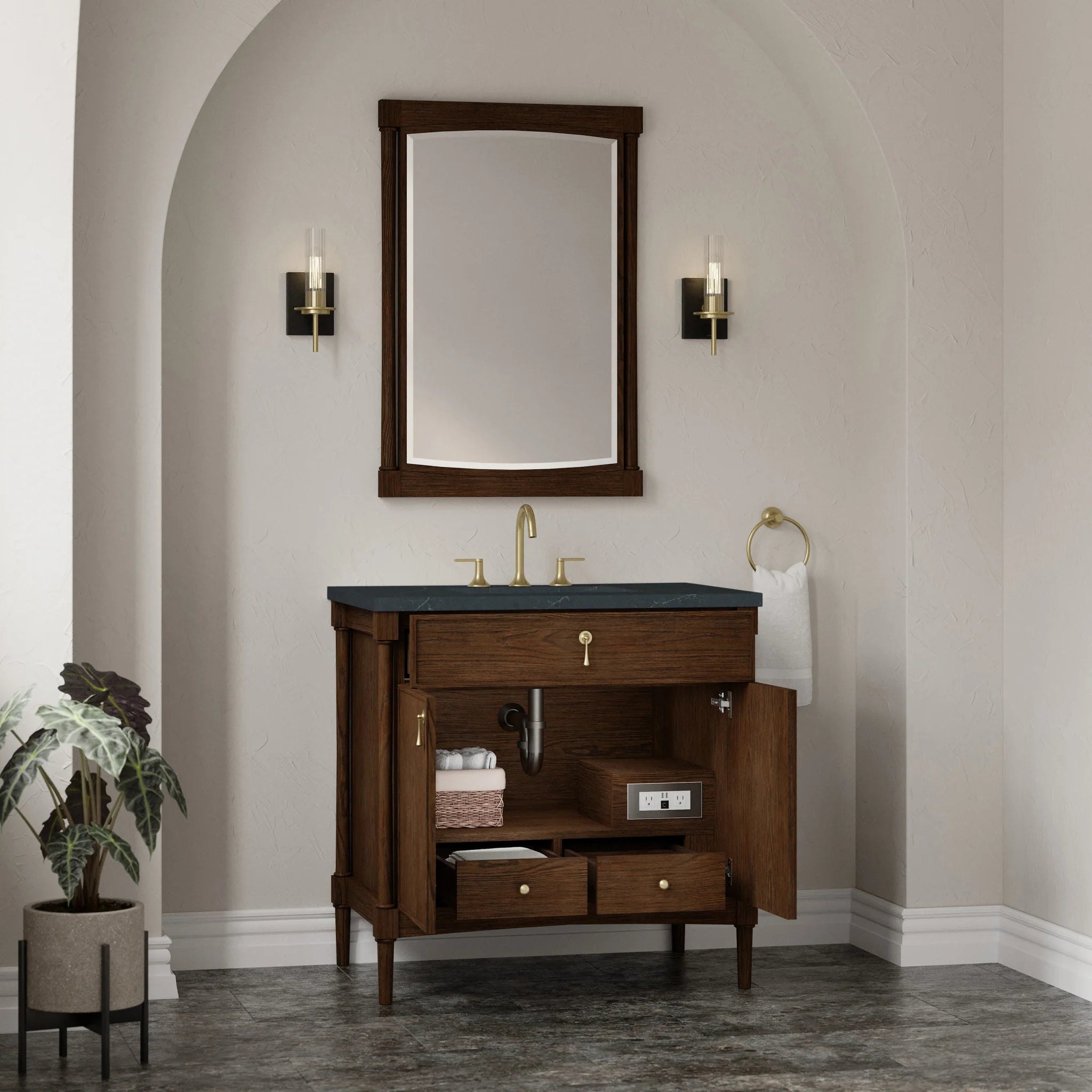 36" Kinnsden Single Vanity in Sable Oak by James Martin Vanities-Charcoal Soapstone Silestone 3