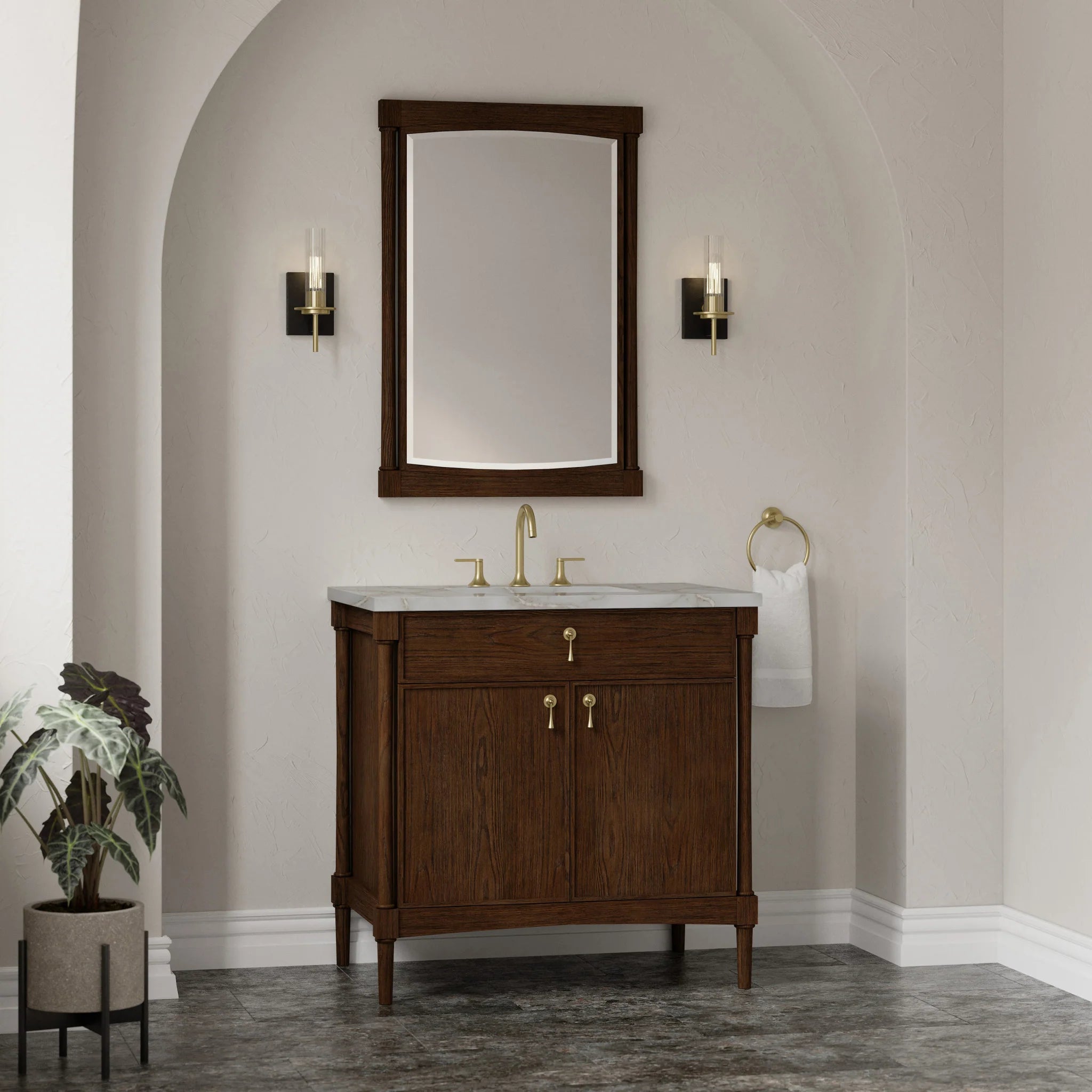 36" Kinnsden Single Vanity in Sable Oak by James Martin Vanities-Victorian Silver Silestone 2