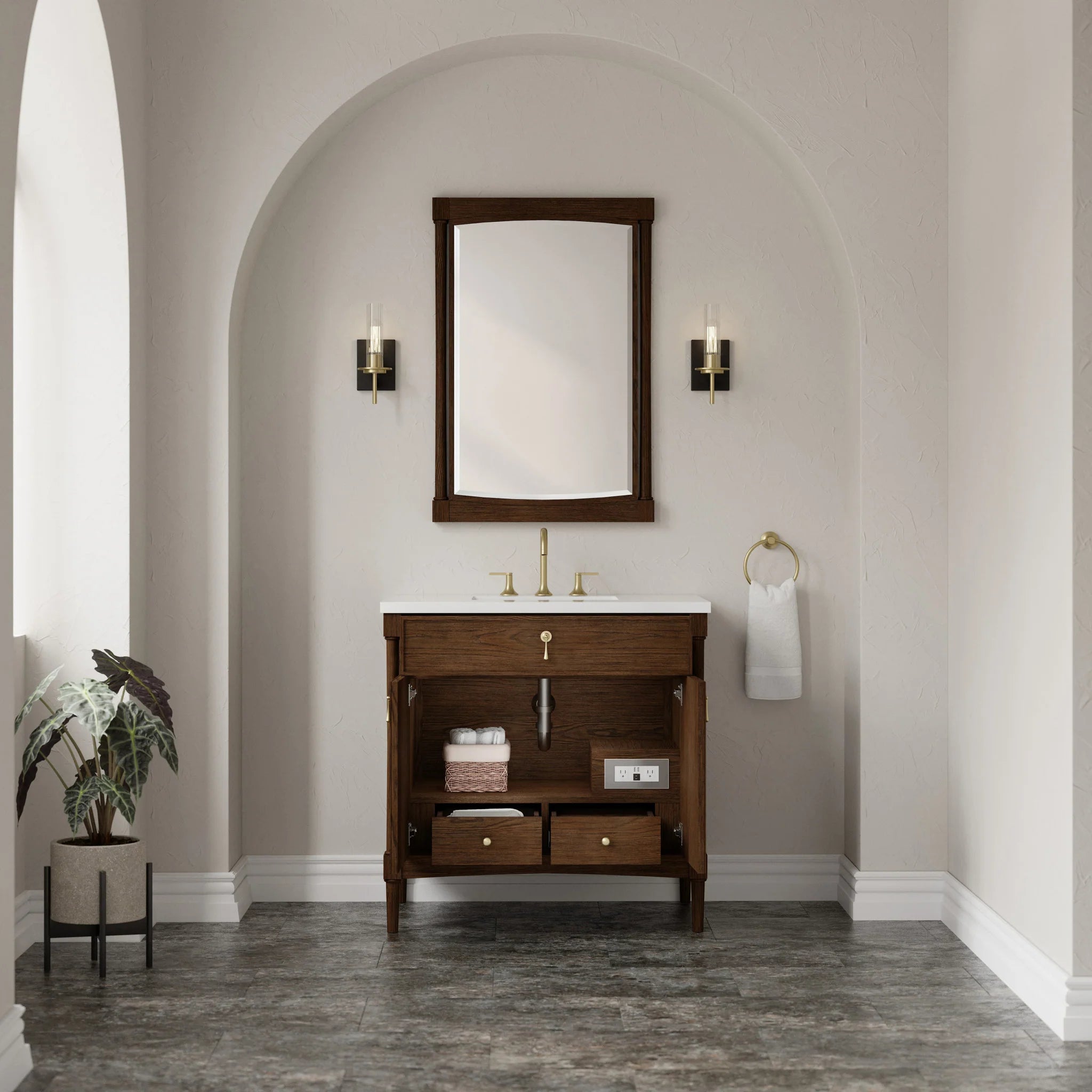 36" Kinnsden Single Vanity in Sable Oak by James Martin Vanities-White Zeus Silestone 7