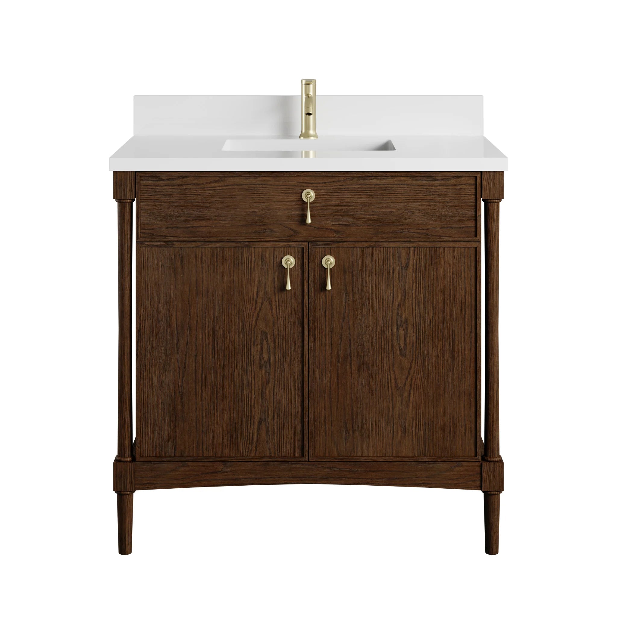 36" Kinnsden Single Vanity in Sable Oak by James Martin Vanities-White Zeus Silestone & Backsplash 