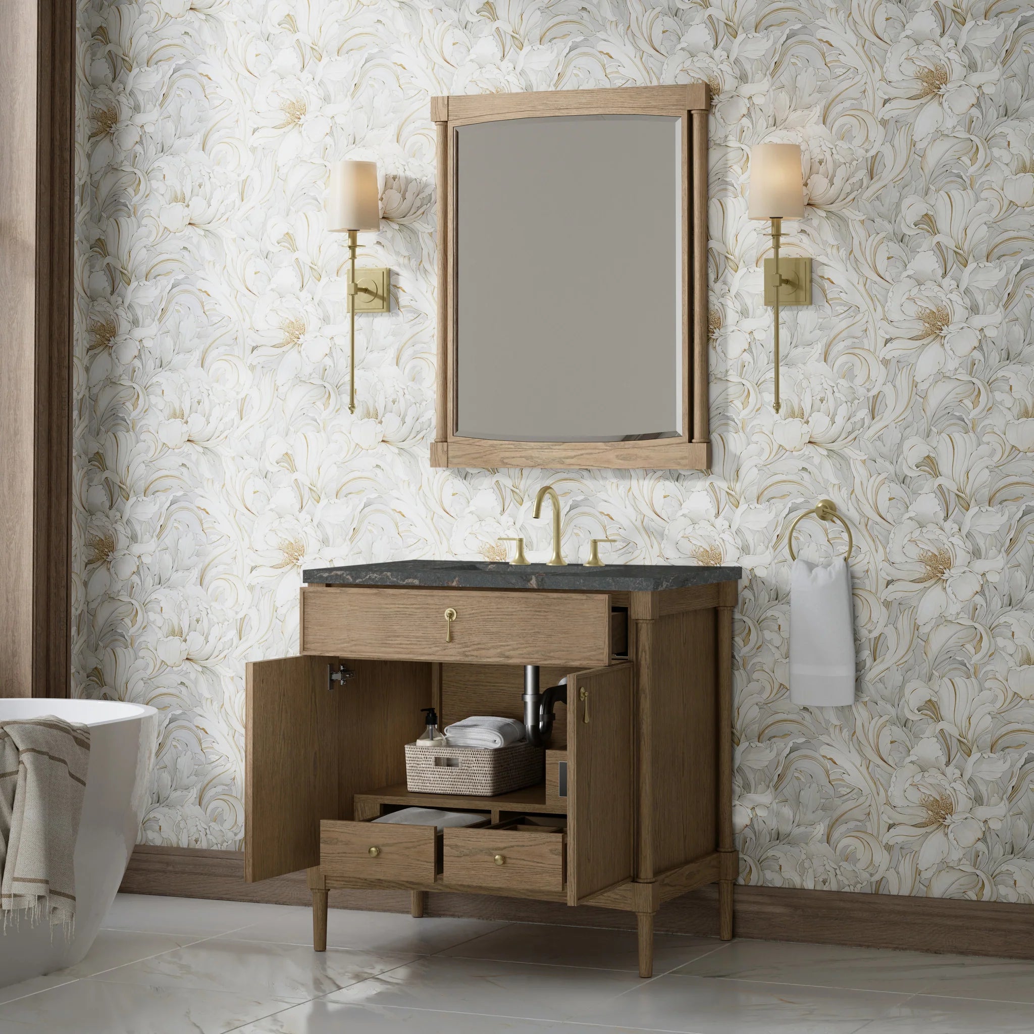36" Kinnsden Single Vanity in Weathered Oak by James Martin Vanities-Parisien Bleu Silestone 3