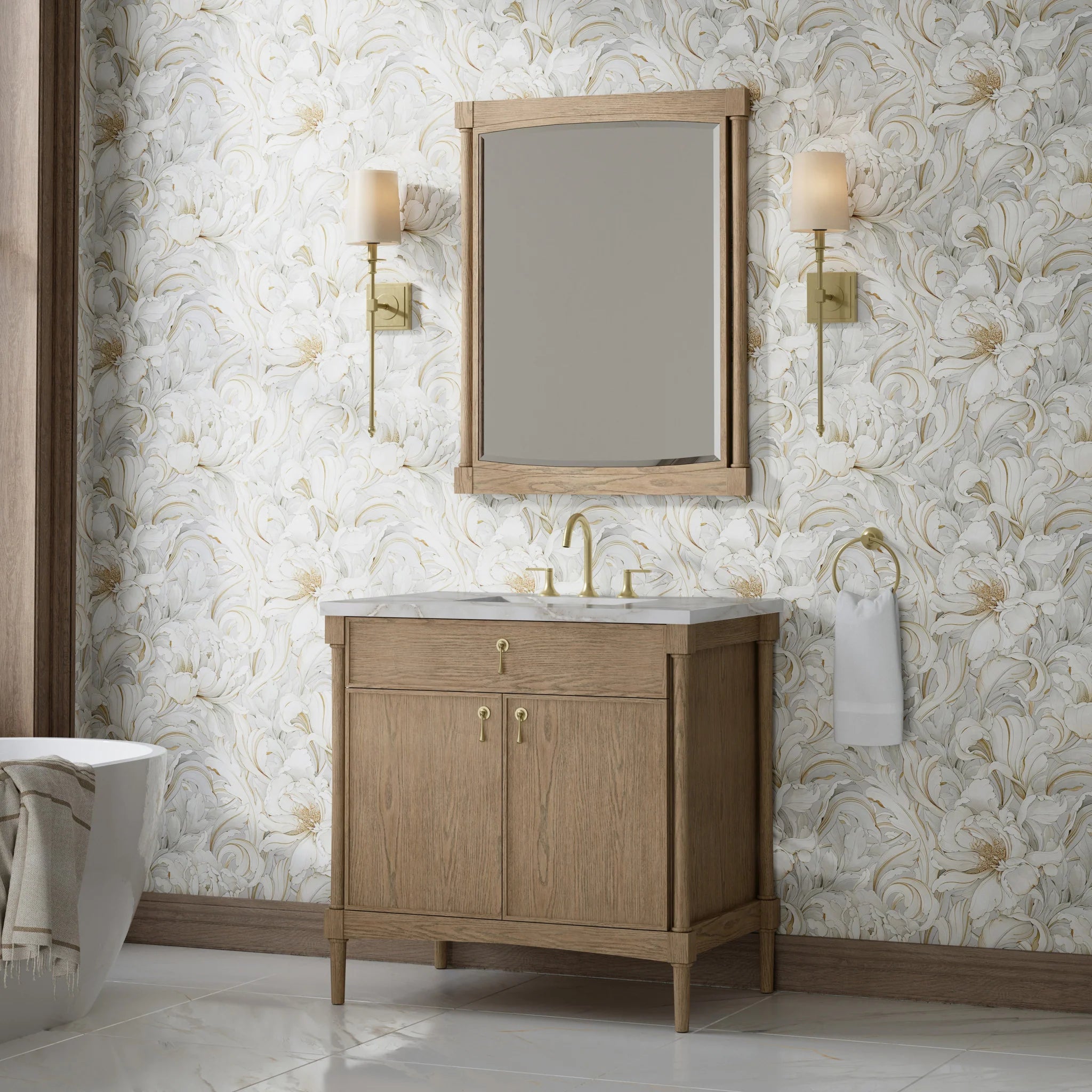 36" Kinnsden Single Vanity in Weathered Oak by James Martin Vanities-Victorian Silver Silestone 2