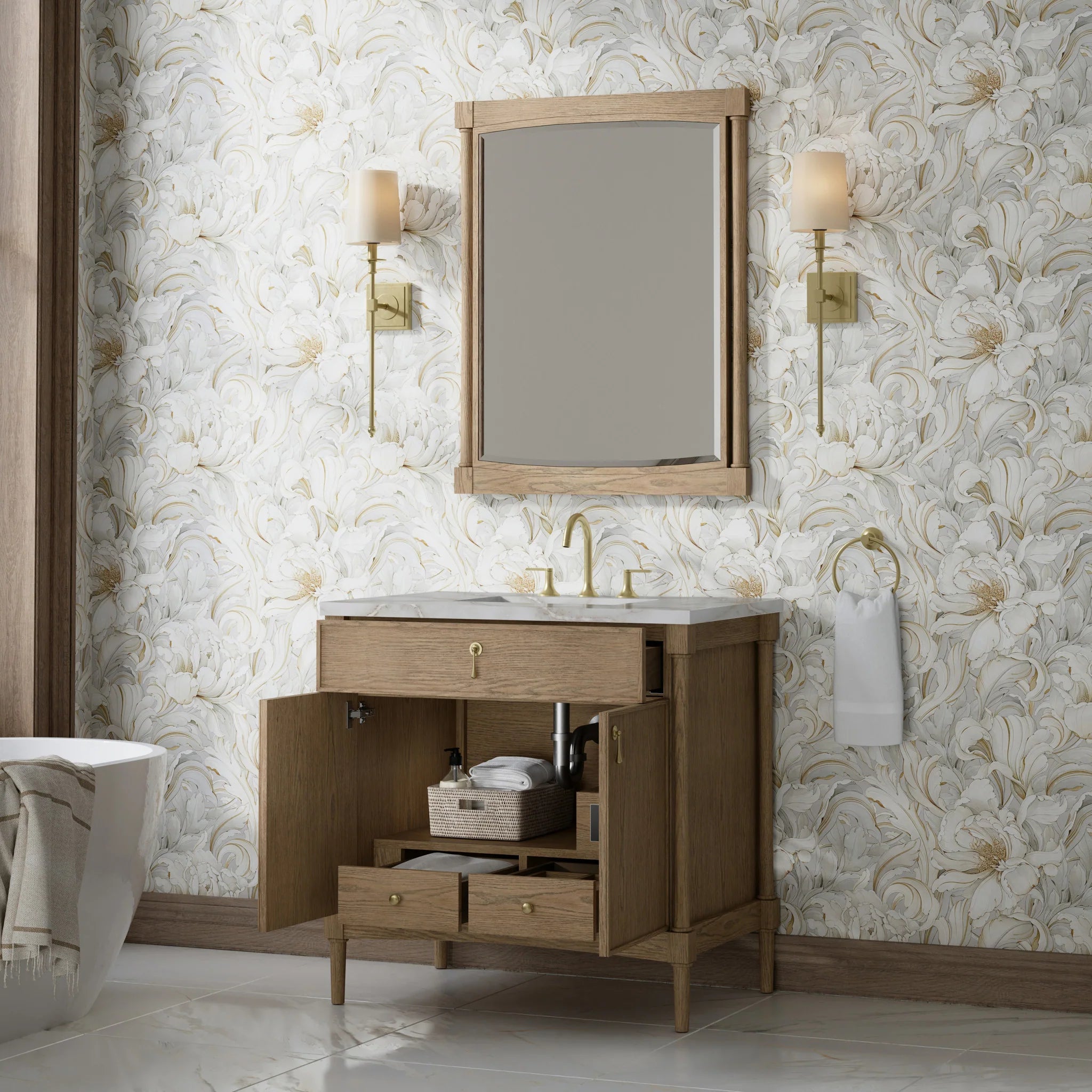 36" Kinnsden Single Vanity in Weathered Oak by James Martin Vanities-Victorian Silver Silestone 3